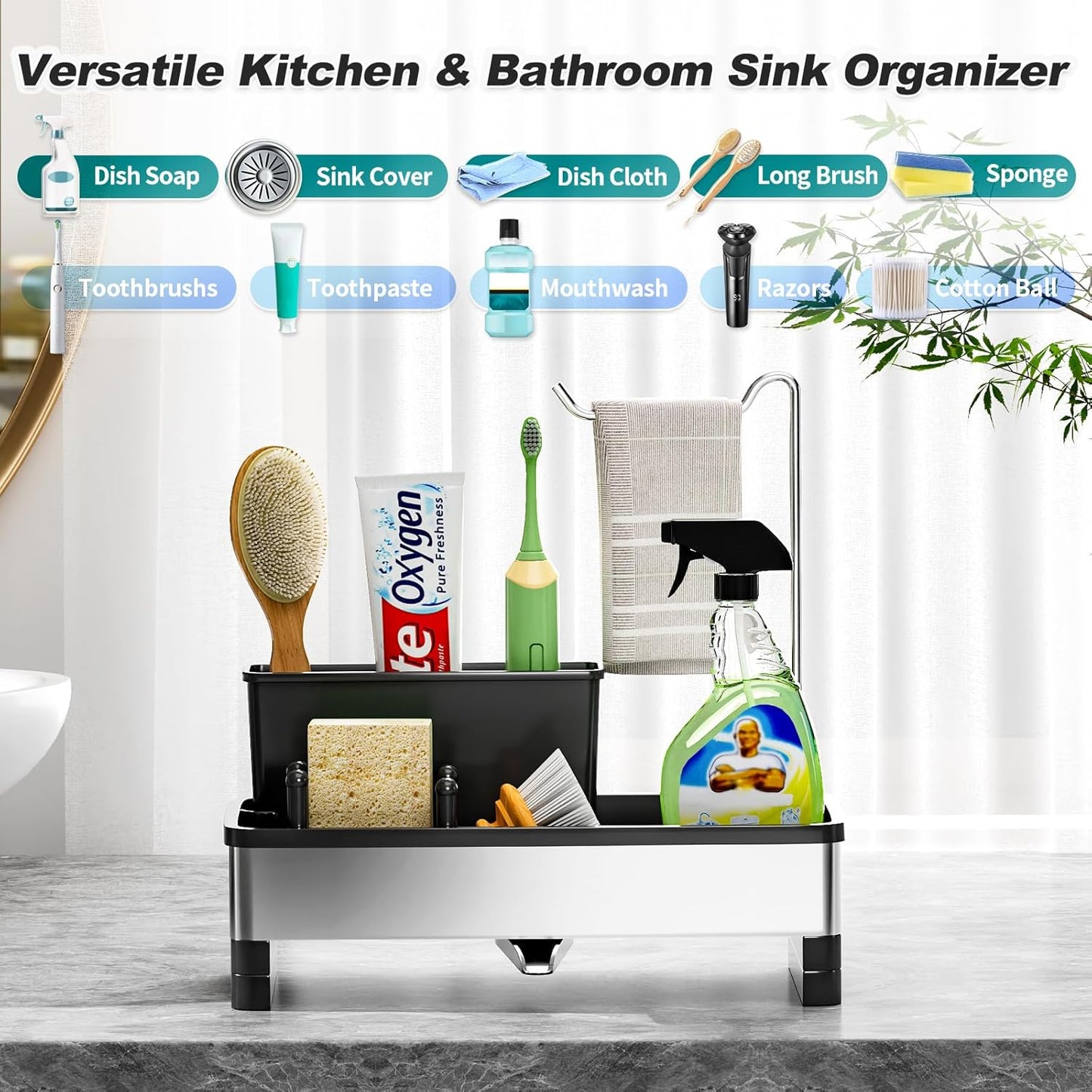 Stainless Steel Sink Caddy, Sponge Holder for Kitchen Sink with Brush Holder & Dishcloth Rack