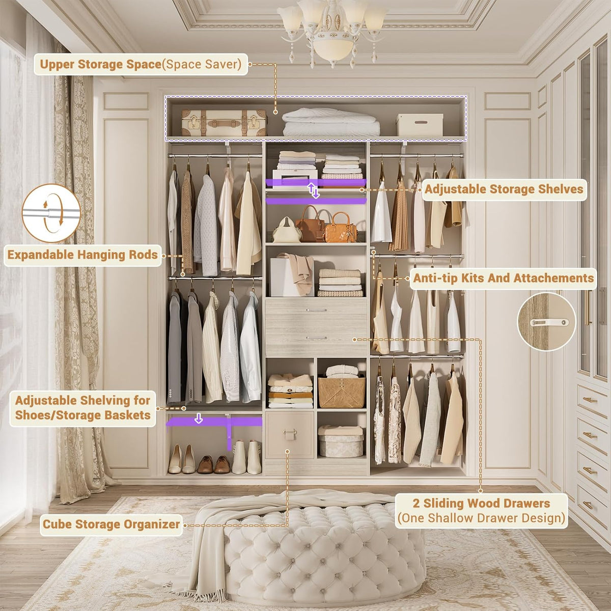 5FT Small Closet System, Baby Closet Organizer System with Wooden Drawers, 60 Inches Walk in Closet
