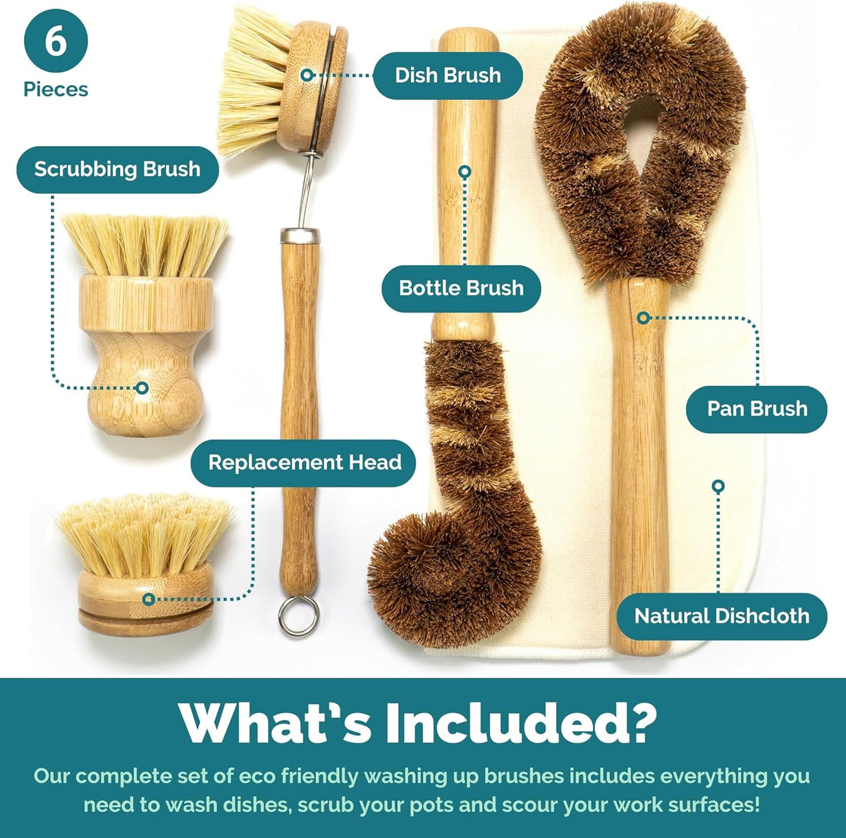 Jungle Culture® 6 Piece Natural Dish Brushes for Washing Up • Eco Dish Brush Kitchen Cleaning Set •
