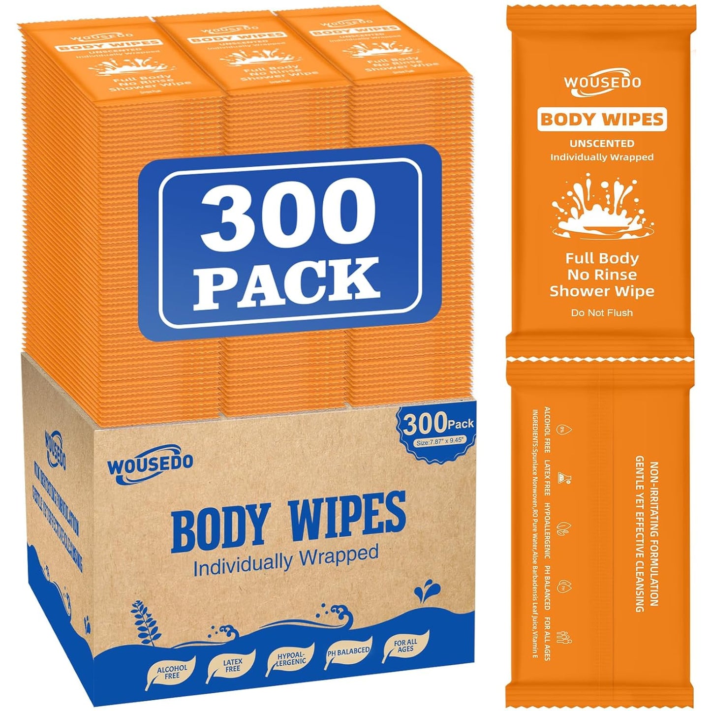 300 Pcs Ultra Thick Soft Large Body Wipes Individually Wrapped(7.87" x 9.45"),Shower Wipes for