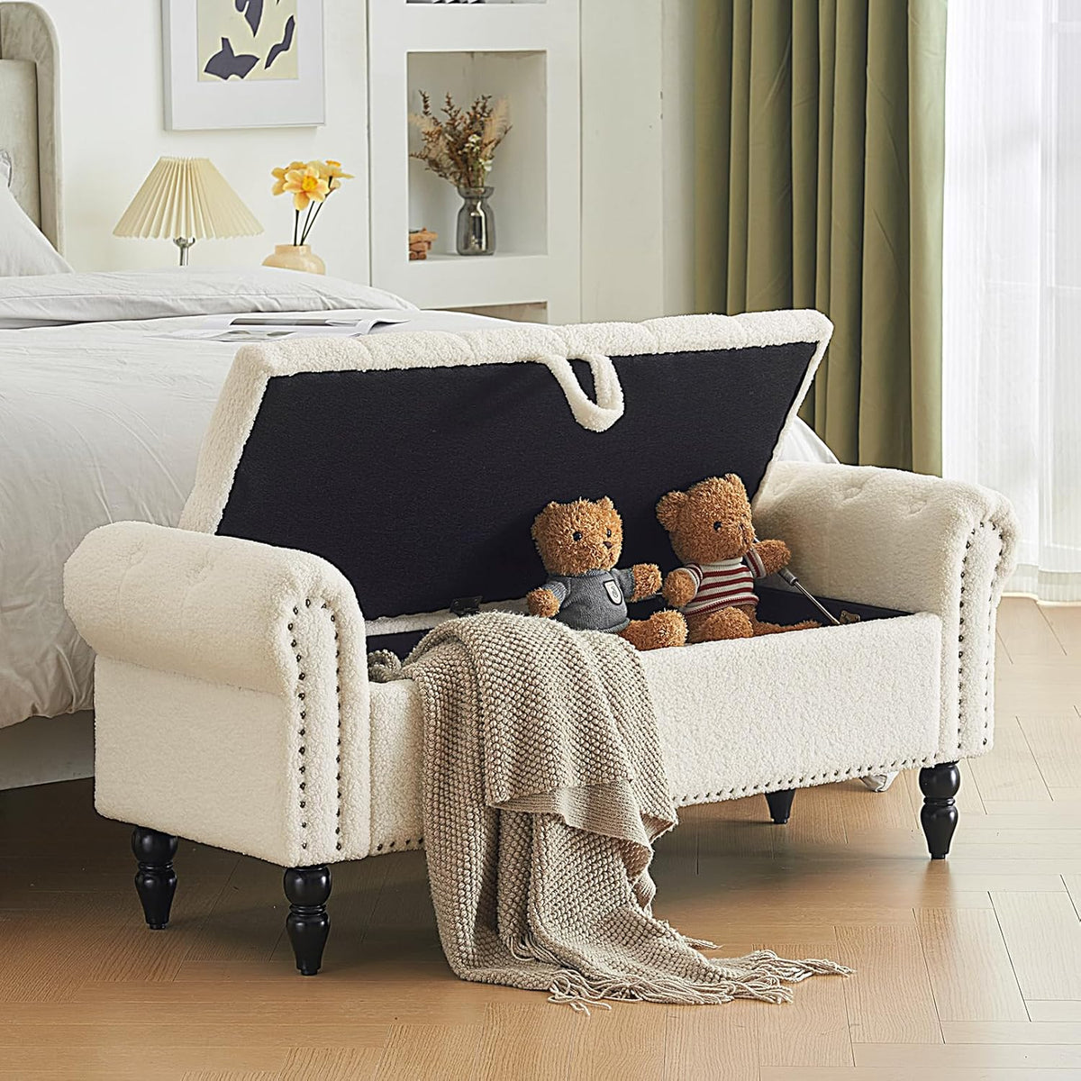 Furnimart Storage Ottoman Bench for Queen Size Bed, Faux Fur Upholstered Storage Bench Accent Bench