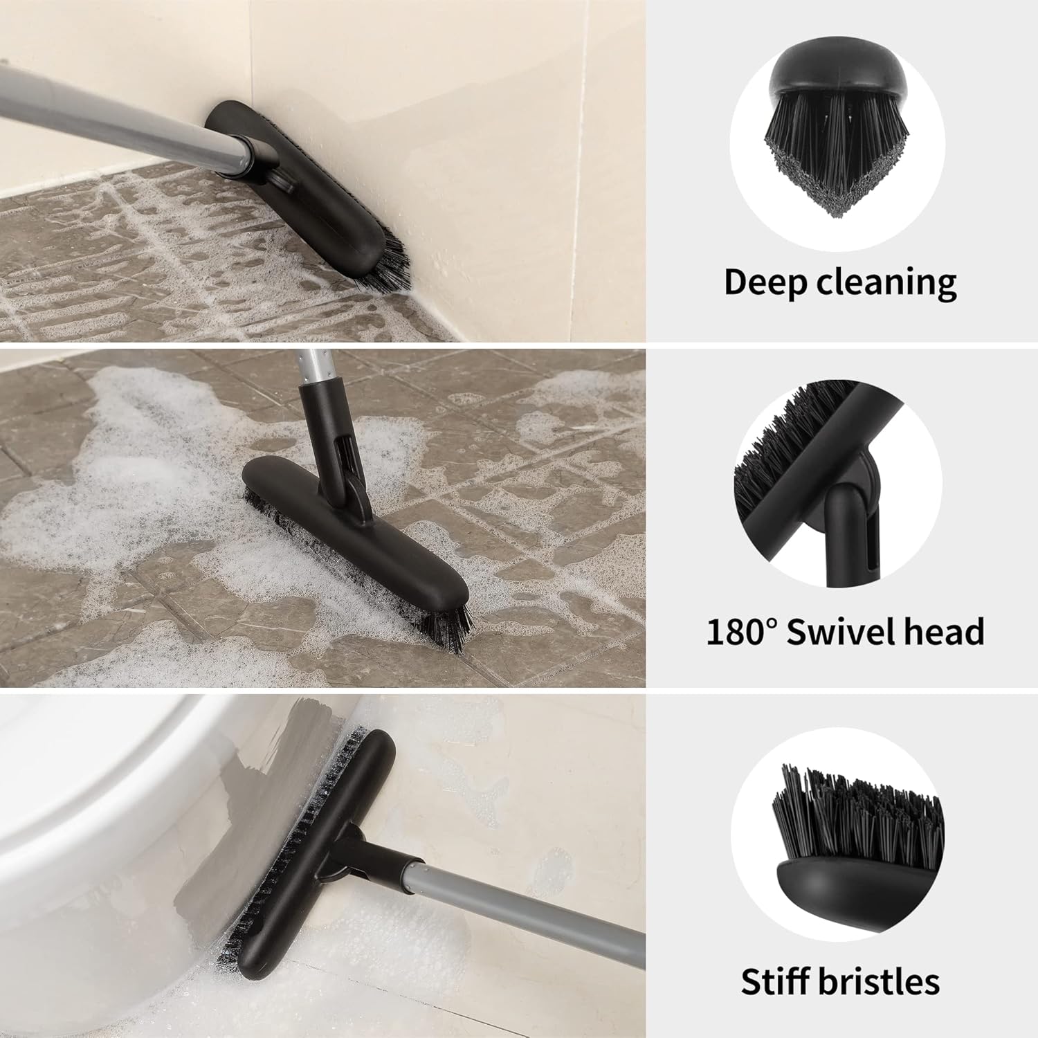 MR.SIGA Heavy Duty Grout Scrub Brush with Long Handle, Shower Floor Scrubber for Cleaning, Tile