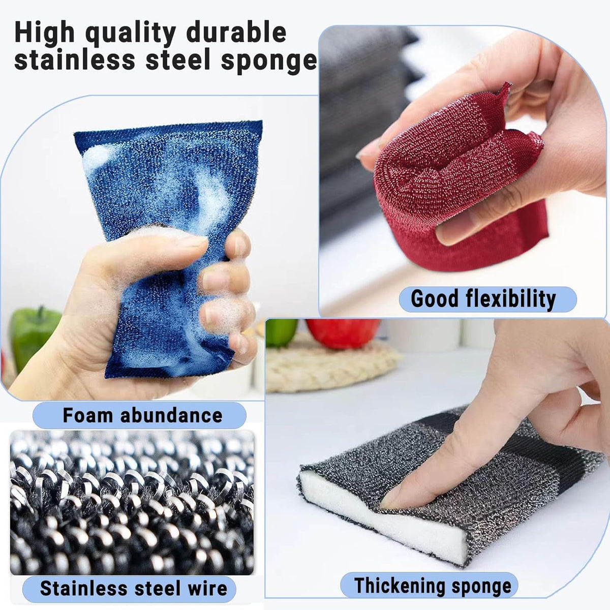 Steel Wool Scrubber Kitchen Sponges - Kitchen Dish Sponges Scrubbers, Non-Scratch Microfiber