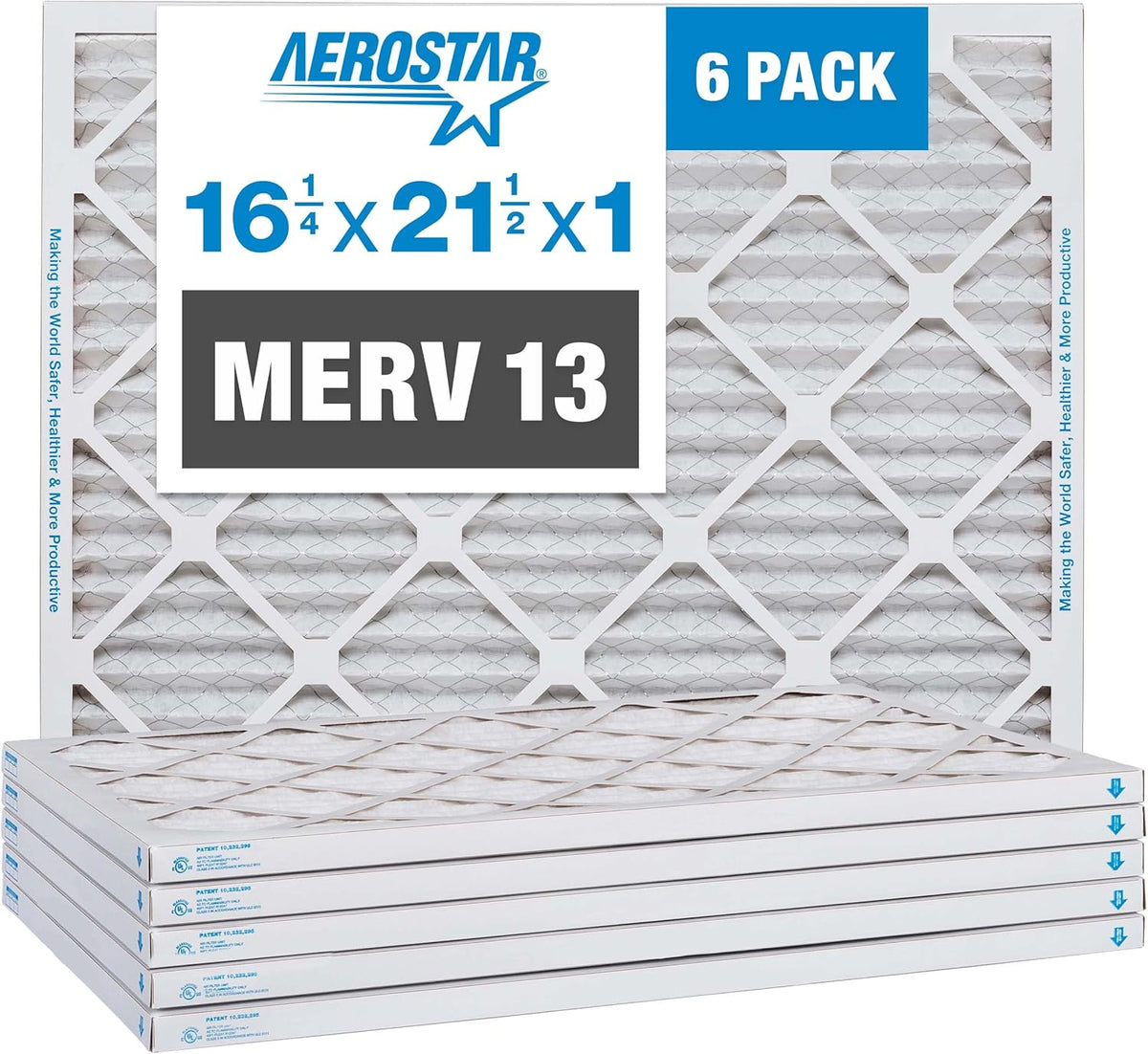 Aerostar 16 1/4x21 1/2x1 MERV 13 Pleated Air Filter, AC Furnace Air Filter, 6 Pack (Actual Size: 16