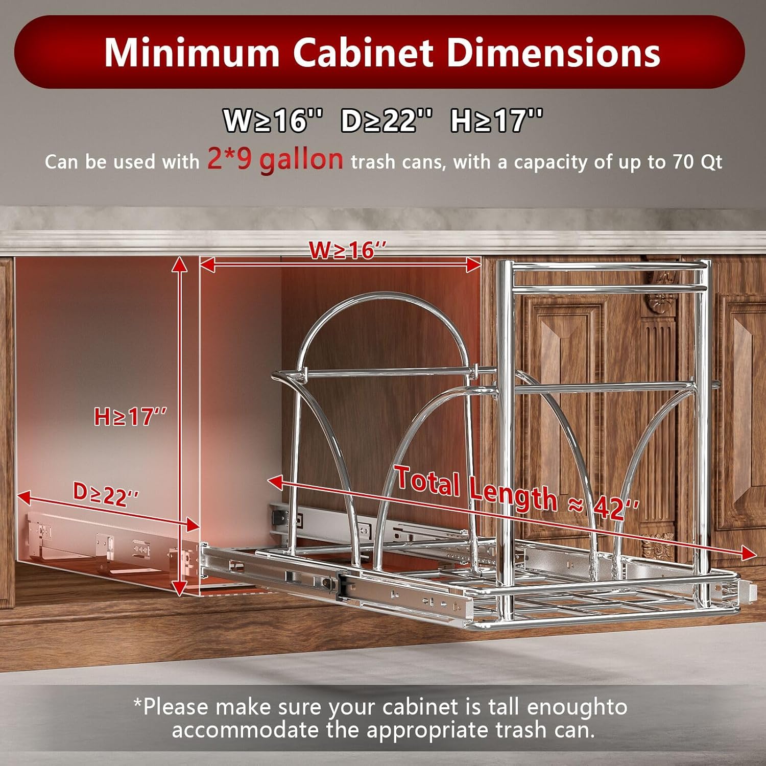 Dual Under Sink Trash Can Heavy Duty Pull Out Trash Can Under Cabinet, Fits 2x35Qt (7-9 Gal)