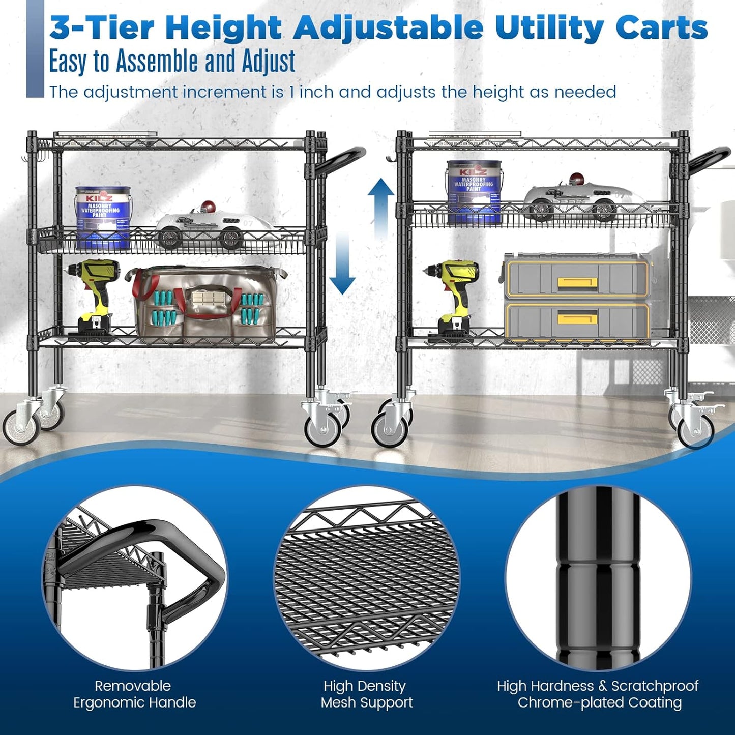 Leteuke 3 Tier Rolling Carts with Wheels,990Lbs Heavy Duty Rolling Utility Cart,NSF Commercial