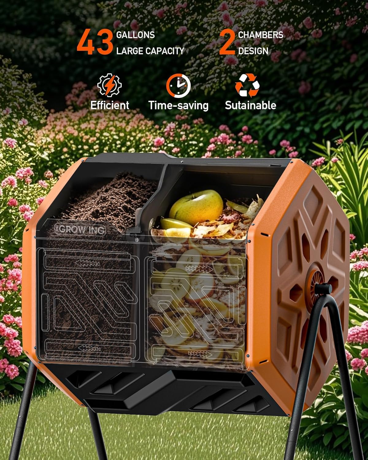 THEGROW'ING Updated 43 Gallon Outdoor Compost Bin. with Thermometer, Fast to Assemble. Tumbling