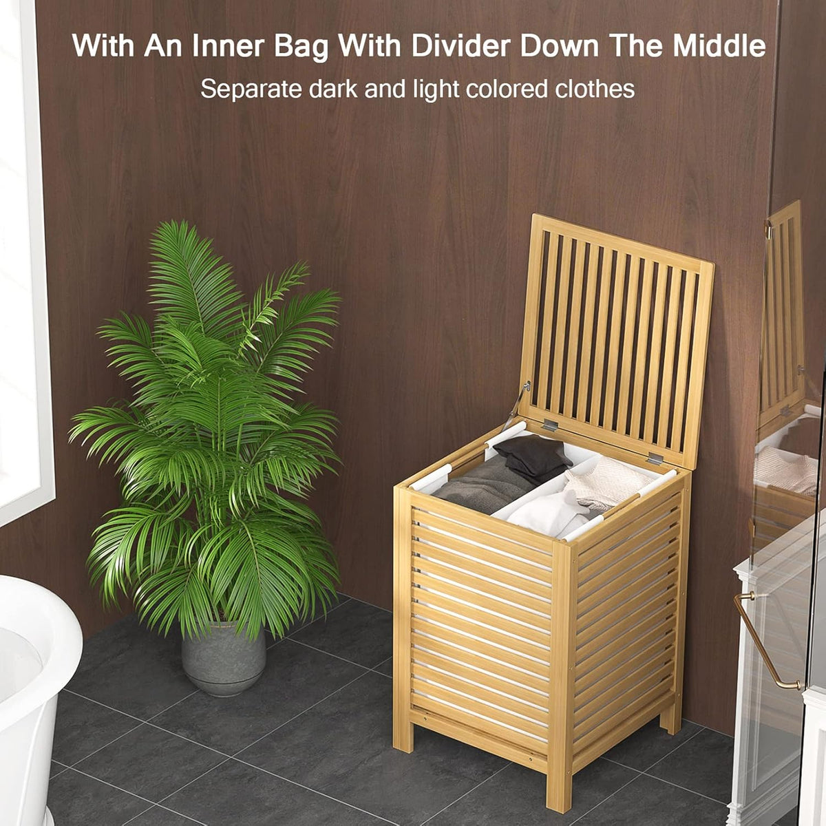 Homykic Bamboo Laundry Hamper with Lid, 120L Large Clothes Laundry Sorter with Removable 2-Section