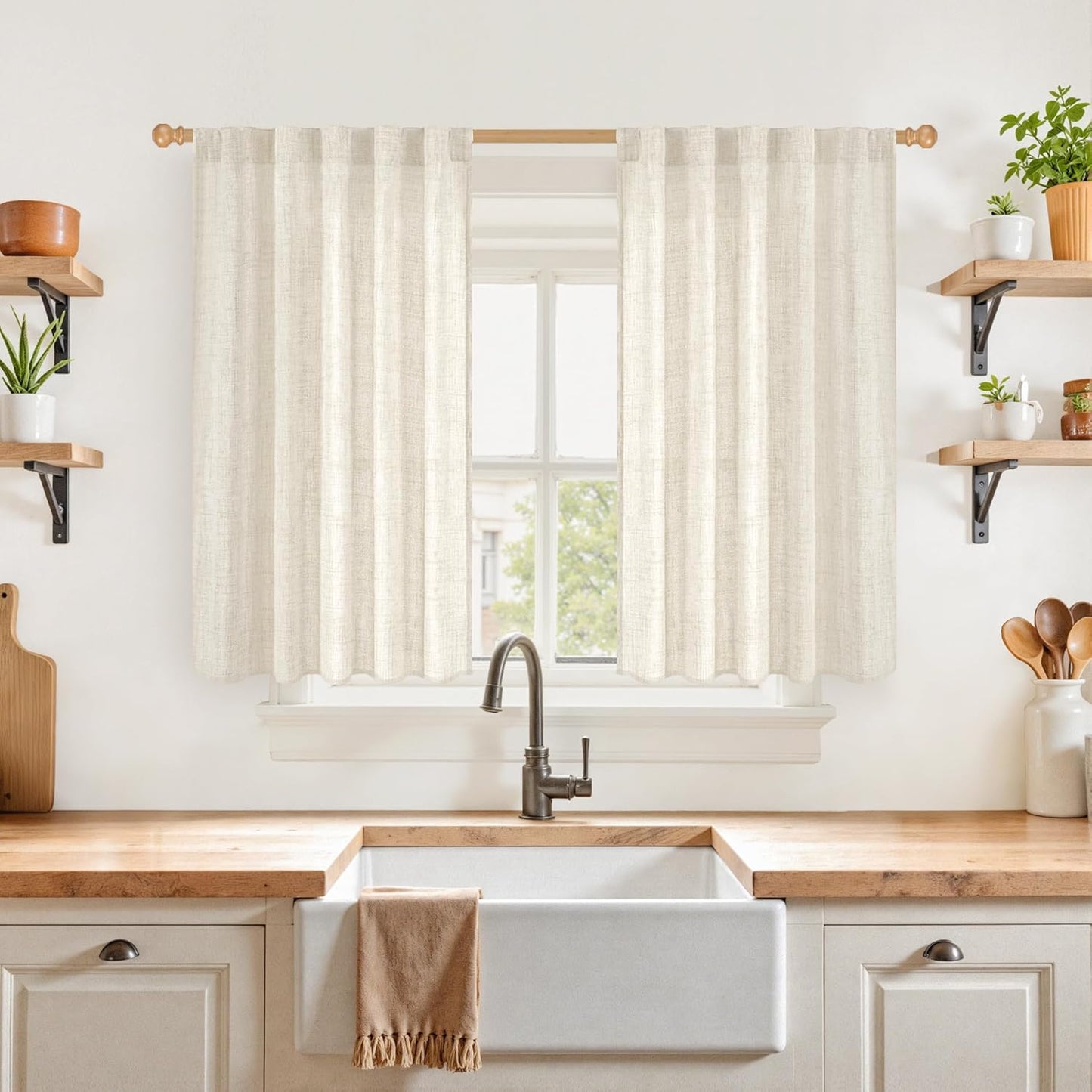 YoungsTex Short Semi Sheer Curtains 40 Inches Long for Kitchen Window, Cream Light Filtering Drapes