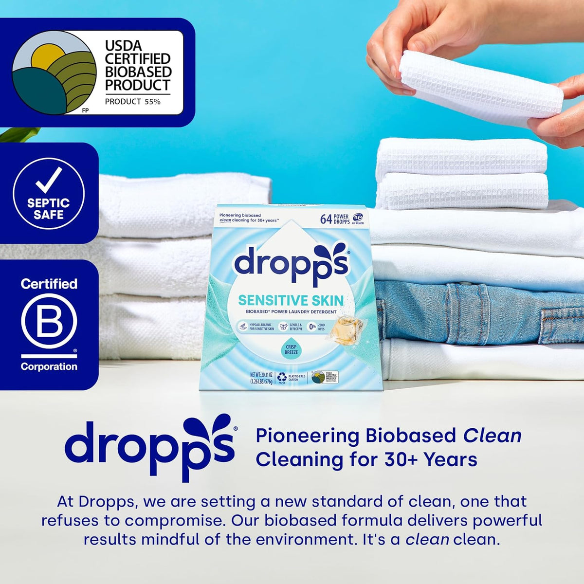 Dropps Sensitive Skin Laundry Detergent Pods, Crisp Breeze (64 Count) - Dermatologist Tested