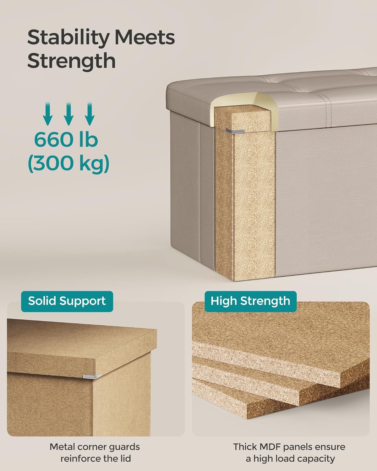 SONGMICS Mazie Collection - 43 Inches Folding Storage Ottoman Bench, Ottoman with Storage, Foot