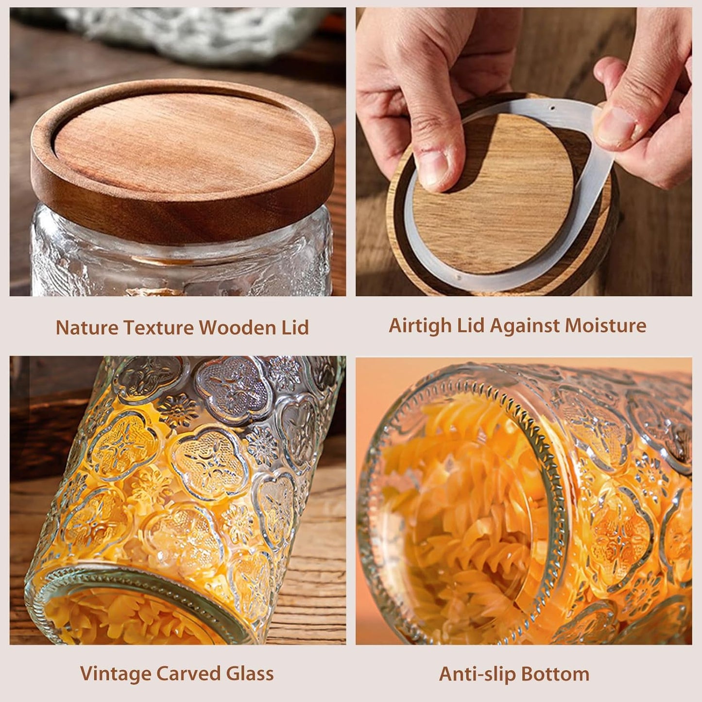 24 OZ/6 PCS Glass Storage Jar with Airtight Bamboo Wooden Lids, Vintage Food Containers Canisters