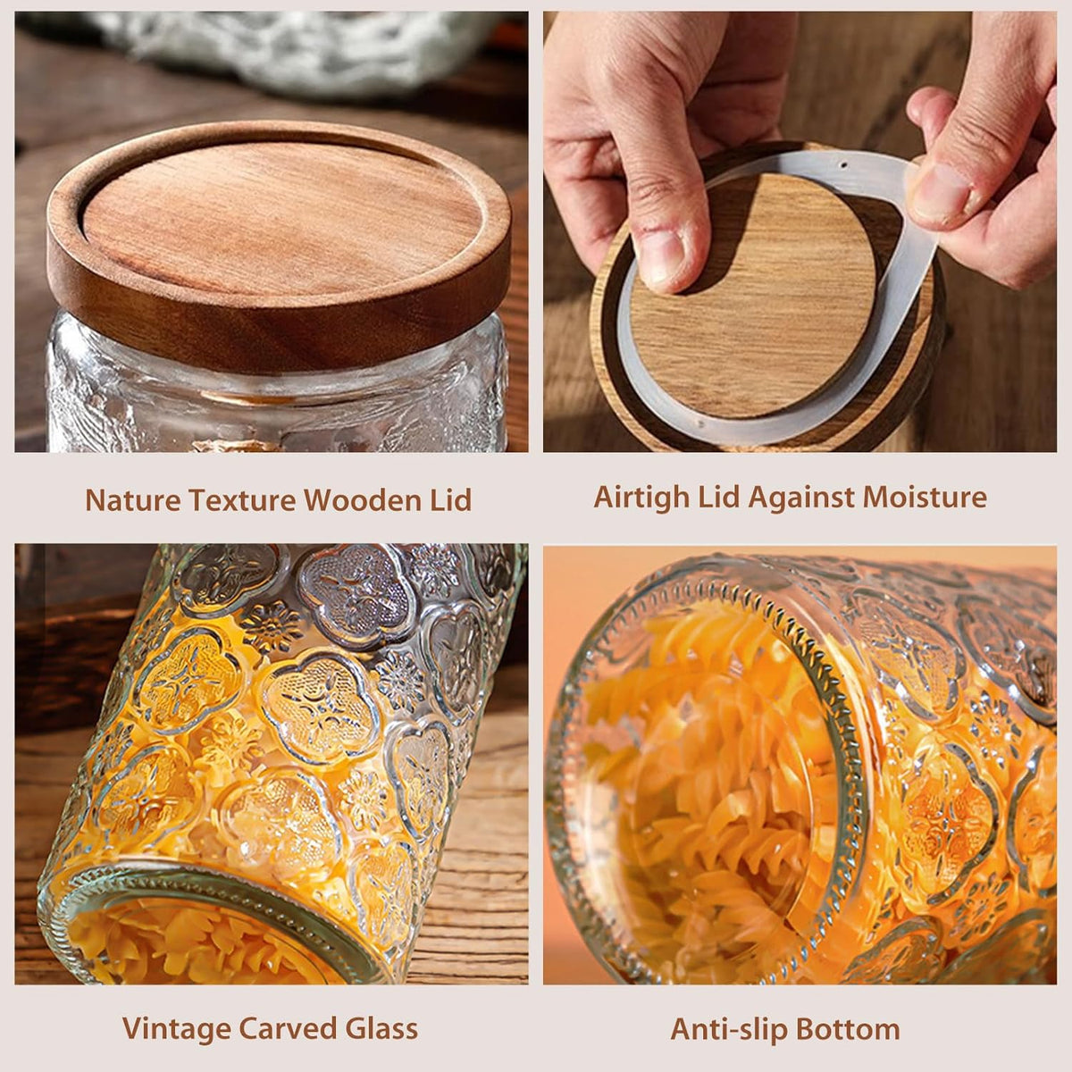 24 OZ/4 PCS Glass Storage Jar with Airtight Bamboo Wooden Lids, Vintage Food Containers Canisters
