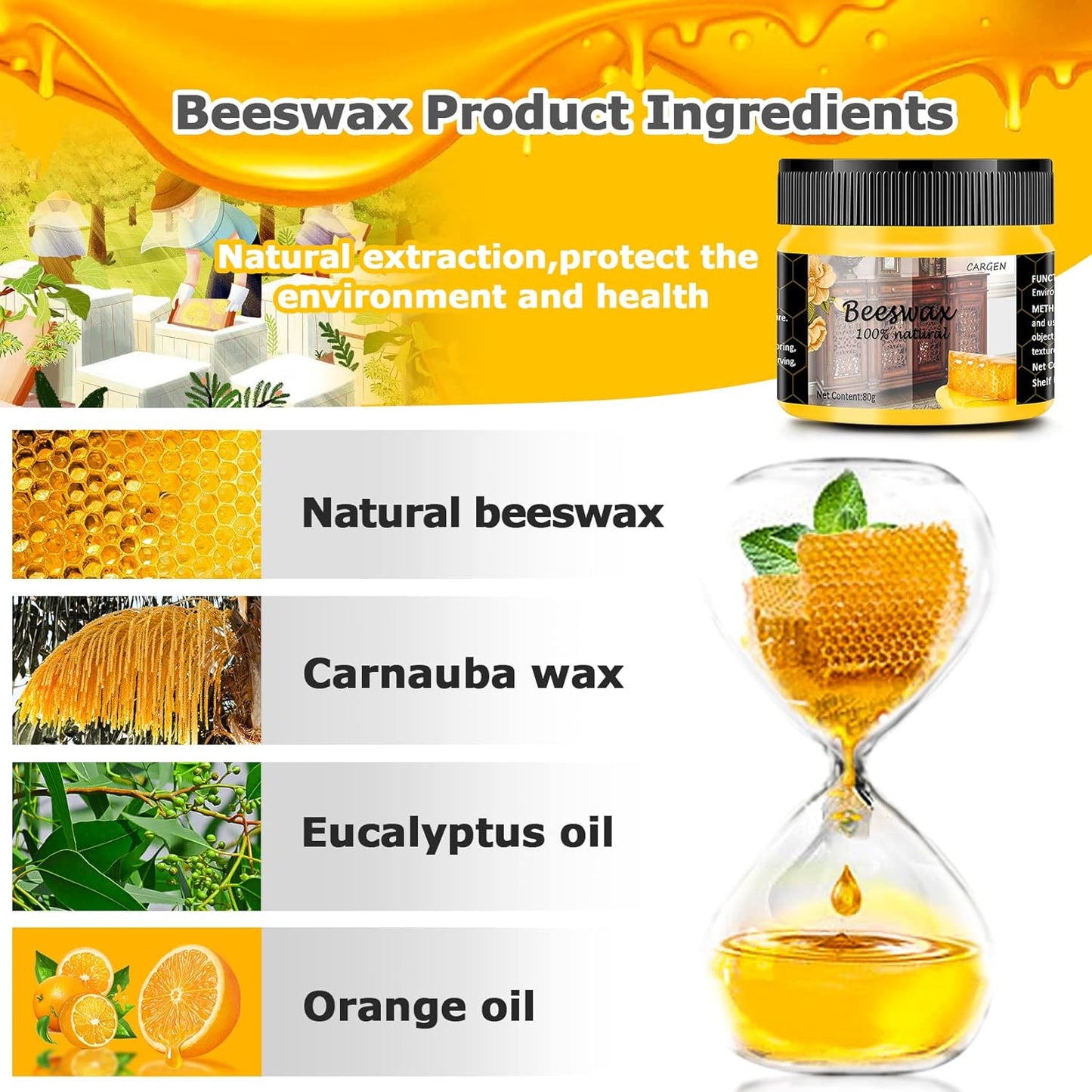 CARGEN Beeswax Furniture Polish, Wood Seasoning Beeswax for Furniture Wood Wax for Dining Table