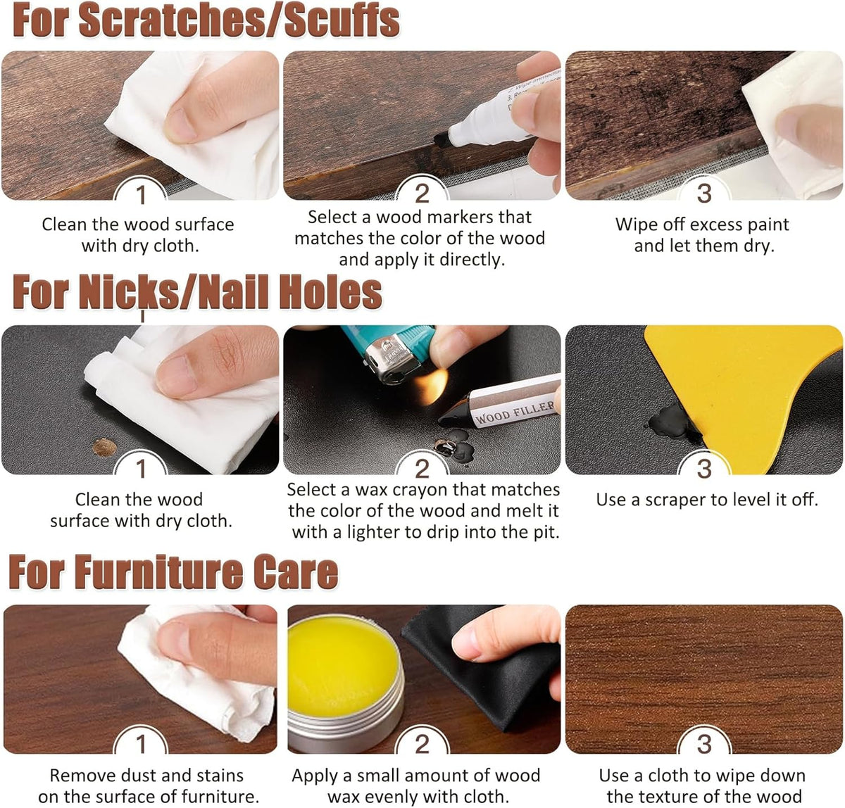 SEISSO Furniture Repair Kit, 18 Colors Touch Up Markers and Wood Filler Sticks with Wood Polish Wax