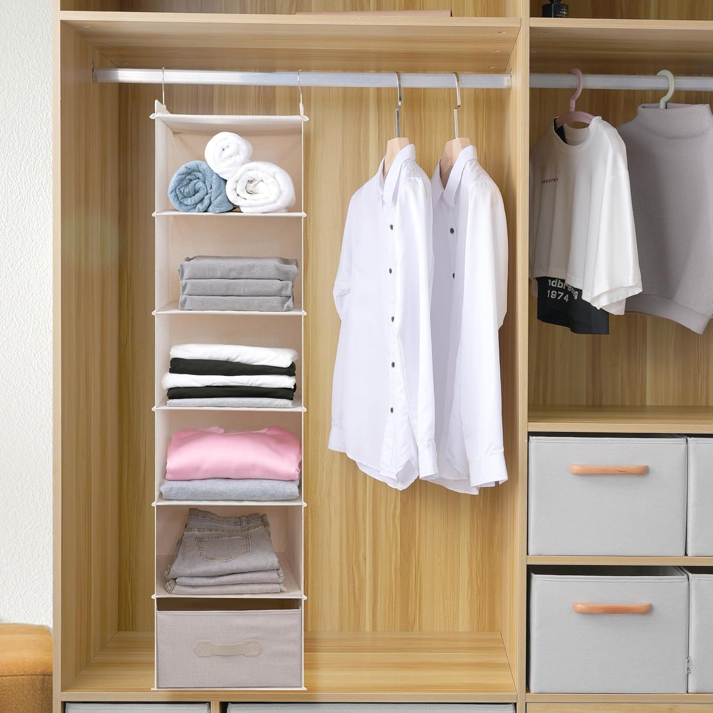 Large Hanging Sweater Organizer for Closet,Collapsible 6-Shelf Hanging Closet Shelves with Drawers