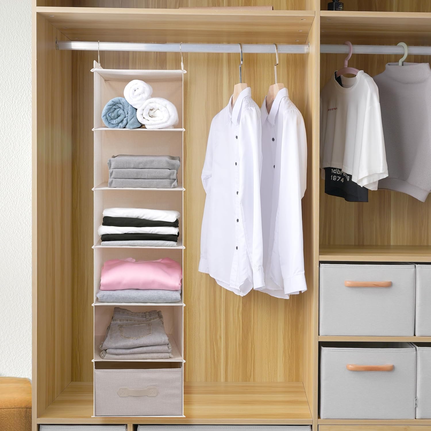 Large Hanging Sweater Organizer for Closet,Collapsible 6-Shelf Hanging Closet Shelves with Drawers