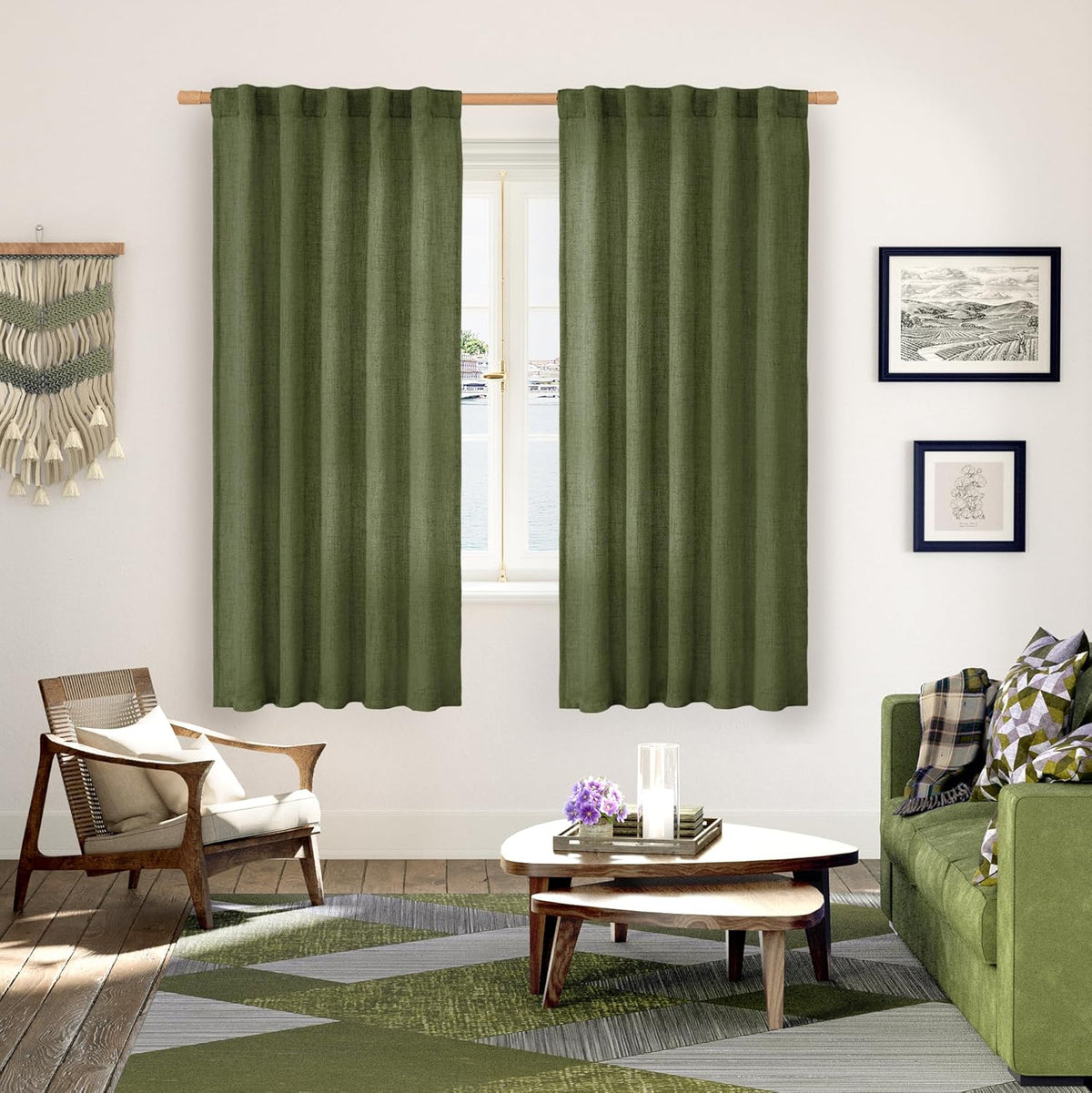 YoungsTex Olive Green Linen Curtains 63 Inch Length for Living Room, Rod Pocket Back Tab Light