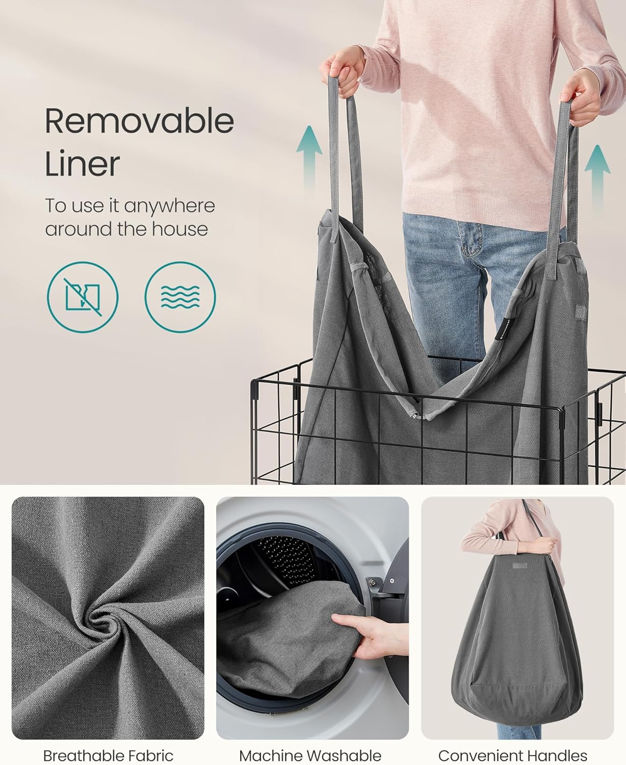 SONGMICS Laundry Hamper, 34.3 Gal. (130L) Laundry Basket, Collapsible Clothes Hamper, Removable and