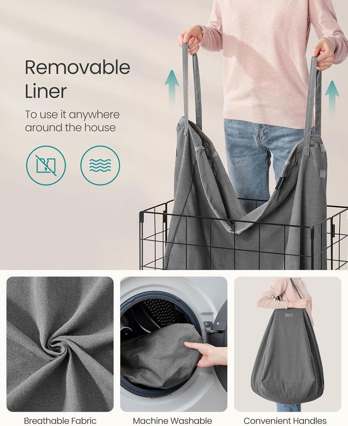 SONGMICS Laundry Hamper, 34.3 Gal. (130L) Laundry Basket, Collapsible Clothes Hamper, Removable and