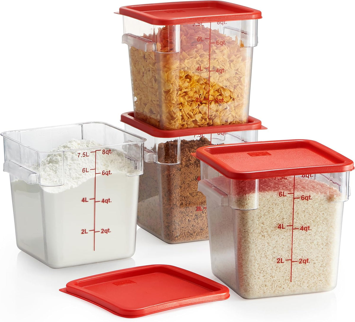 CURTA 4 Pack Food Storage Container with Red Lid - NSF Listed Commercial Grade in 8.0 Qt - Square