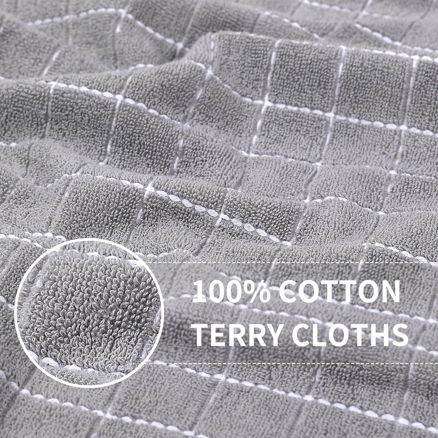 Homaxy 100% Cotton Terry Kitchen Towels(Light Grey, 13 x 28 inches), Checkered Designed, Soft and