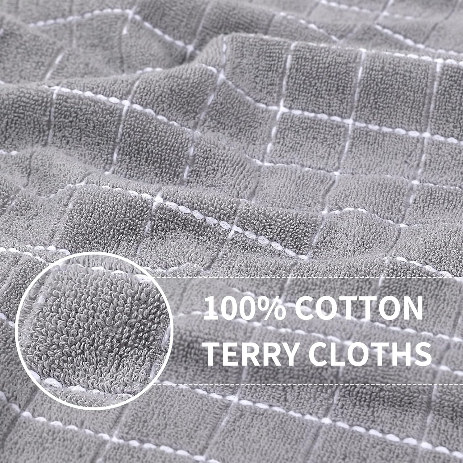 Homaxy 100% Cotton Terry Kitchen Towels(Light Grey, 13 x 28 inches), Checkered Designed, Soft and