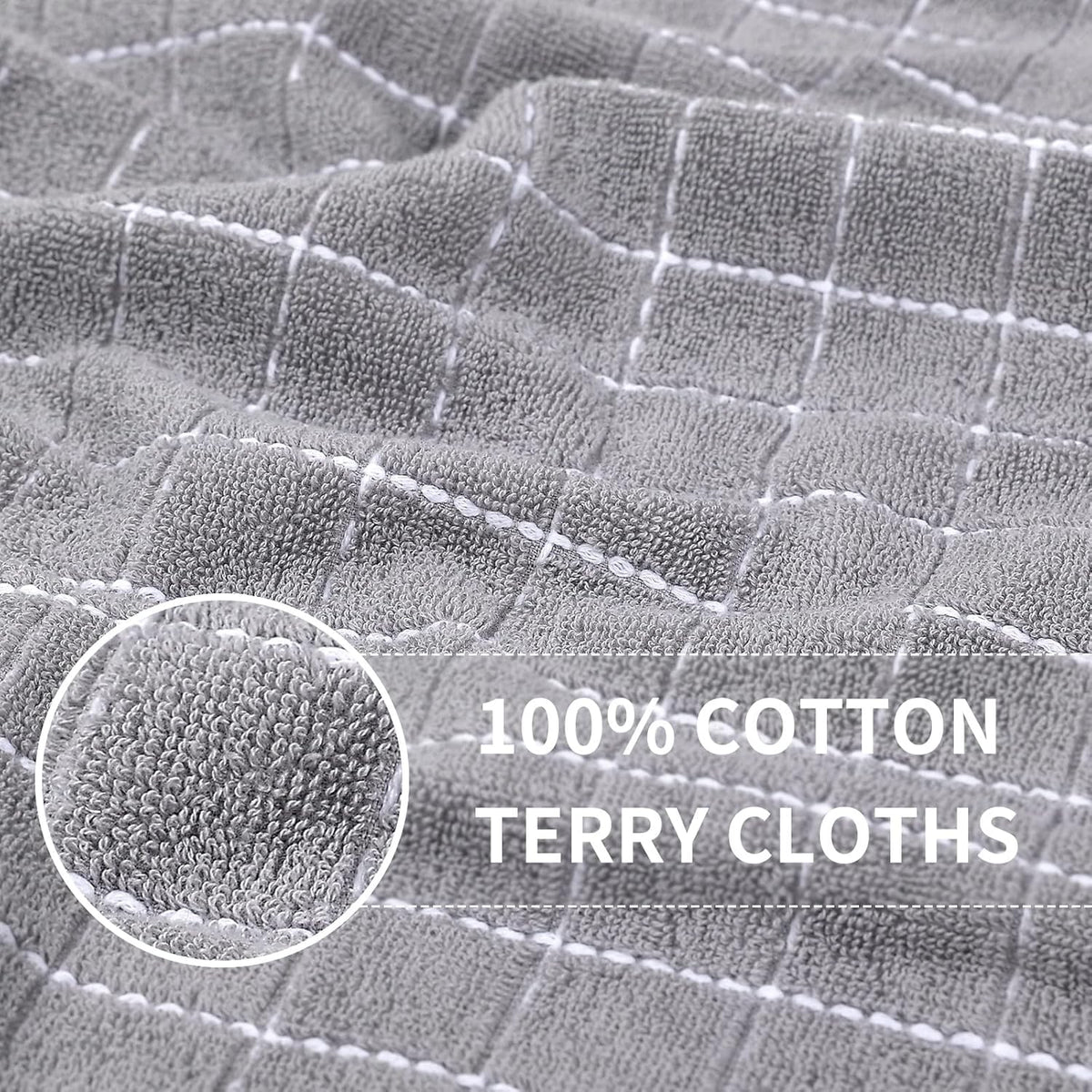 Homaxy 100% Cotton Terry Kitchen Towels(Light Grey, 13 x 28 inches), Checkered Designed, Soft and
