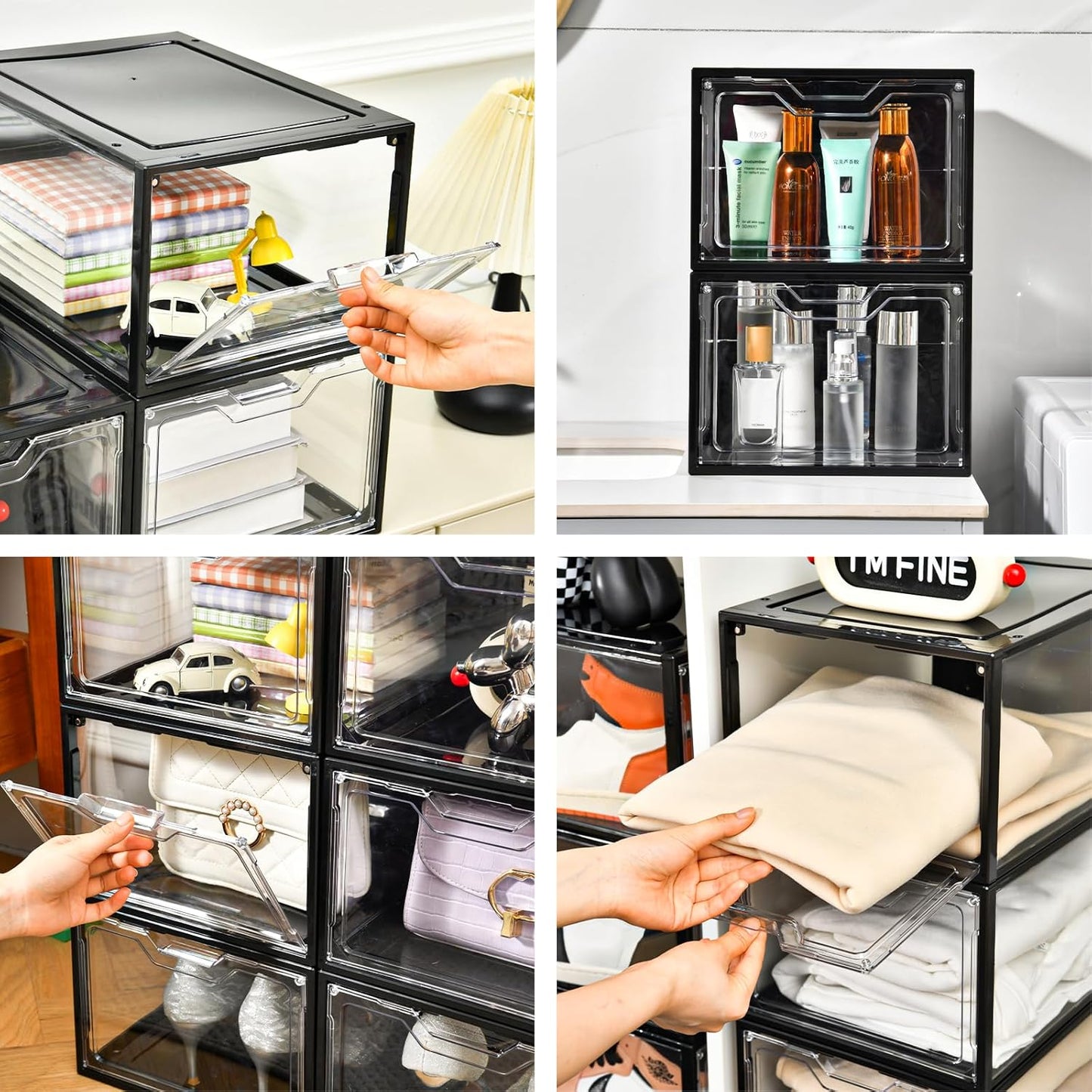 12 Pack Stackable Shoe Storage Organizer with Magnetic Door, Shoe Boxes Clear Black Plastic for