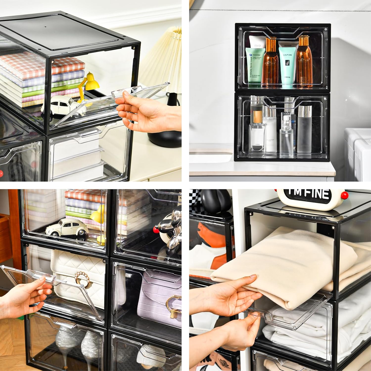 12 Pack Stackable Shoe Storage Organizer with Magnetic Door, Shoe Boxes Clear Black Plastic for