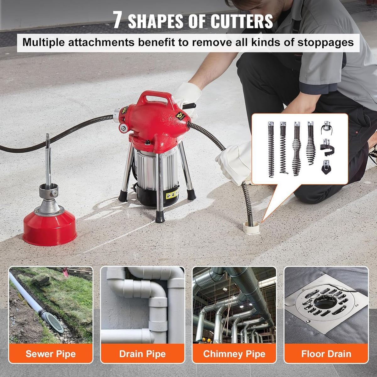 VEVOR Drain Cleaner Machine 66FT x 5/8 Inch, 250W Electric Sewer Snake Auger with 2 Sectional Steel