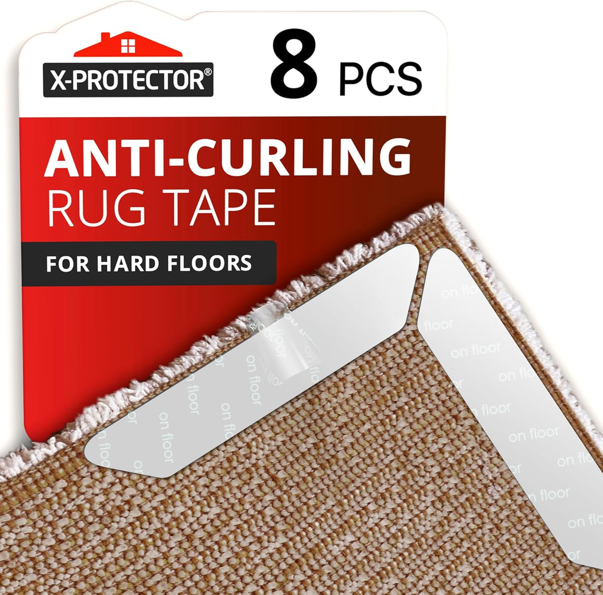 X-Protector Rug Tape - 8 Pcs Set - White Anti-Slip & Anti-Curling Carpet Tape for Hard Floors
