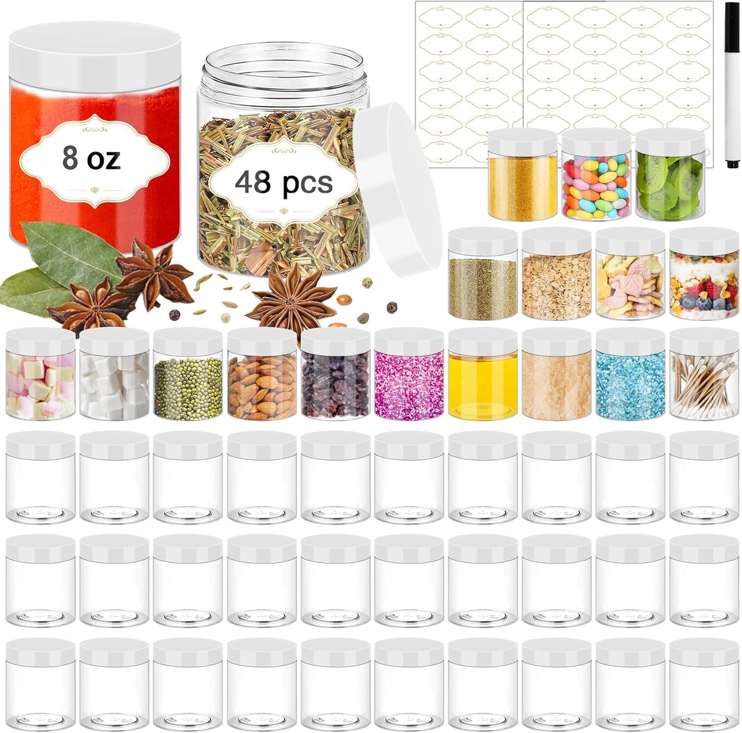 8 OZ Plastic Jars, 48 Pcs Clear Plastic Jars with Lids Stackable Leakproof Storage Containers Jar