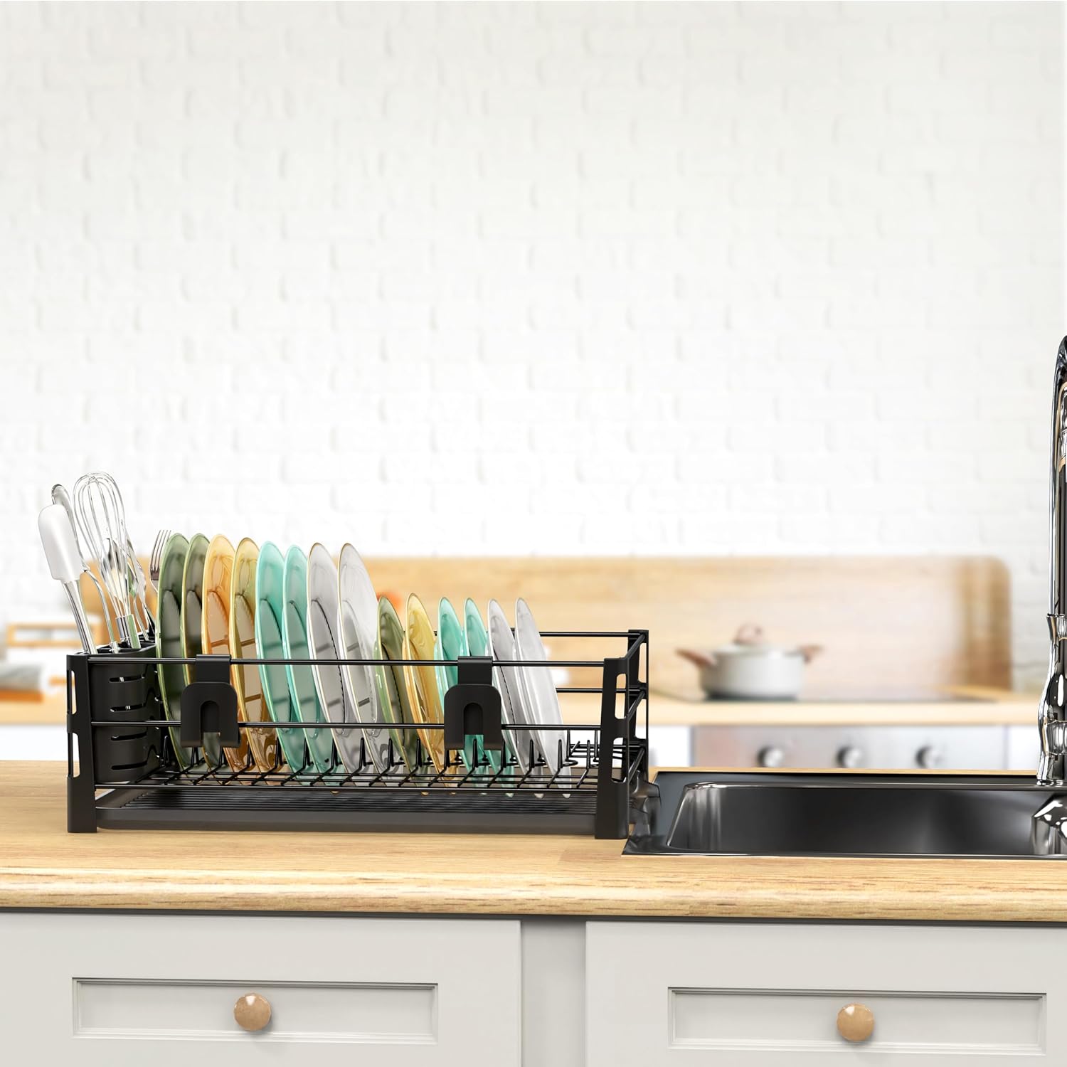 SIMPLE HOUSEWARE Dish Drying Rack with Drainboard, Utensil Holder & Mug Hooks, Black Metal Kitchen