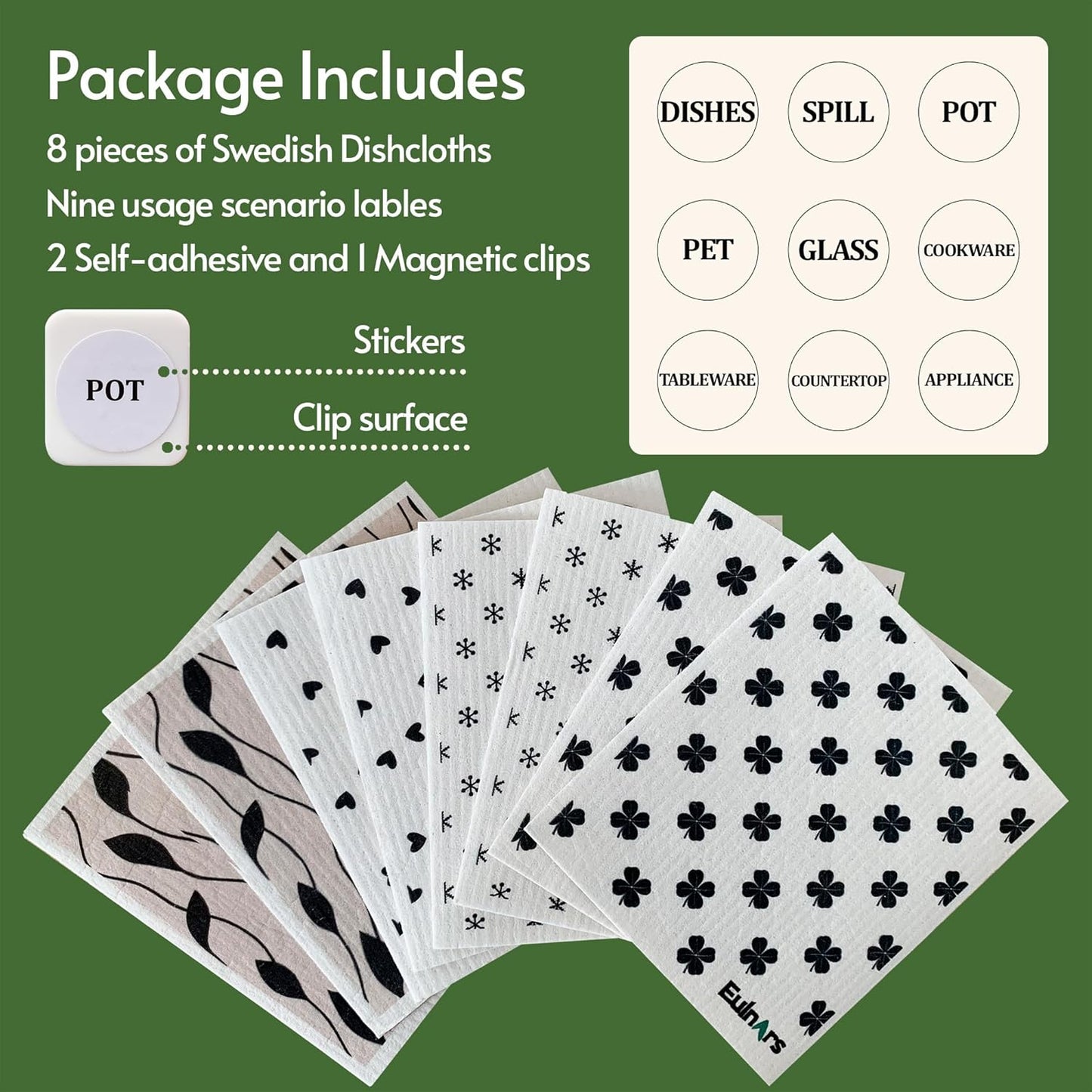 Reusable Paper Towels, 8-Pack Swedish Dishcloths for Kitchen with 3 Clips, Black White, Cotton, 200