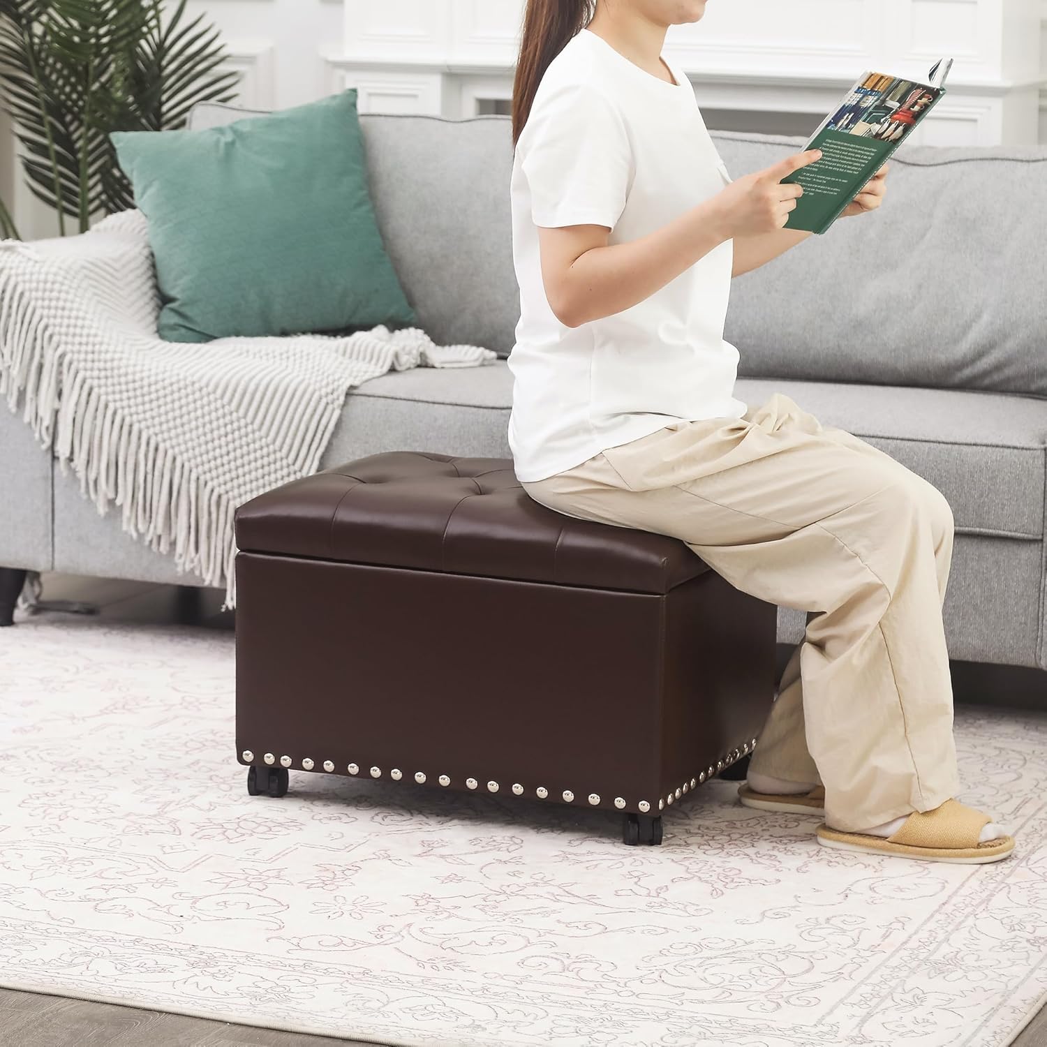 Joveco Leather Storage Ottoman with 360° Caster Wheels 24" Foot Rest Bench Rectangle Ottomans Stool