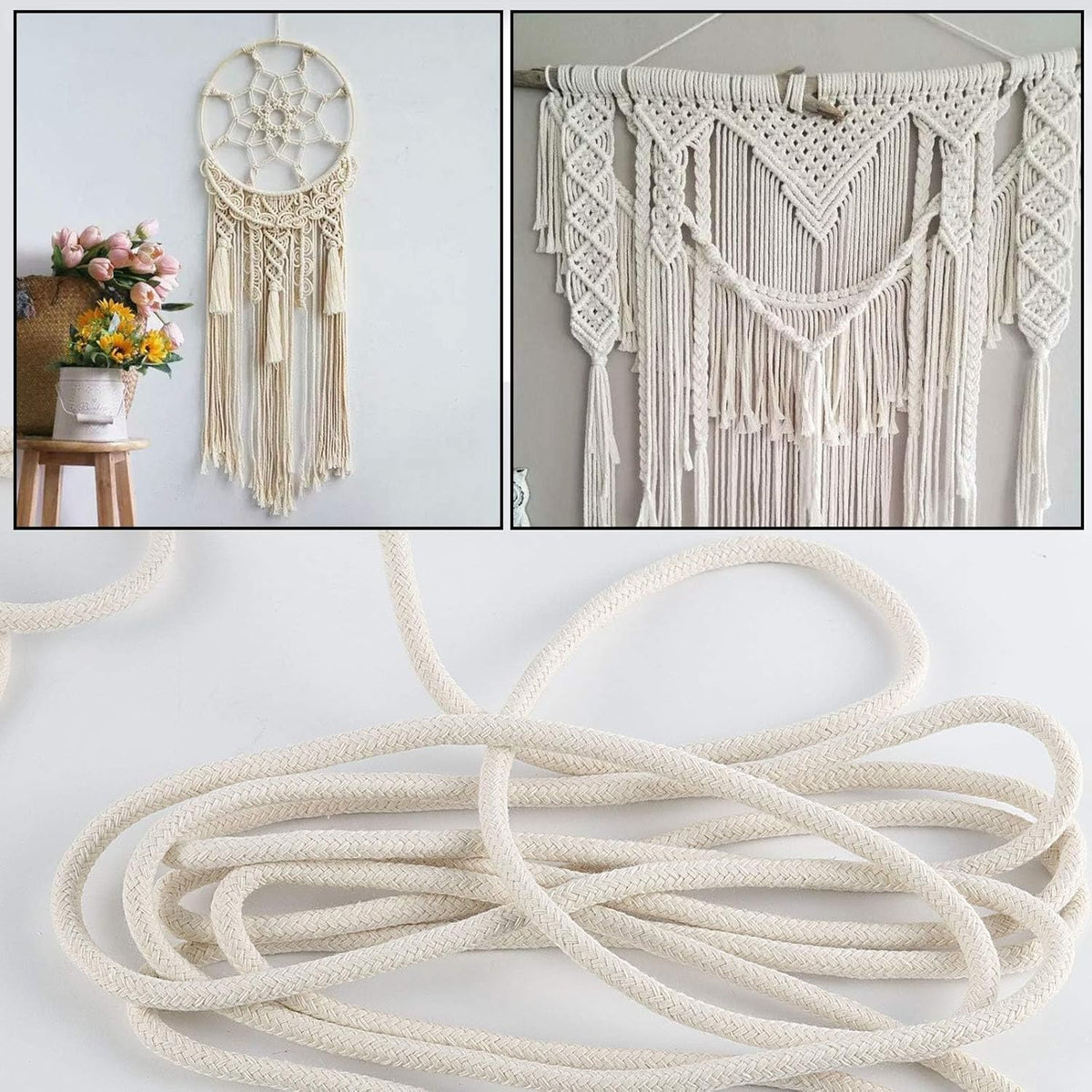 SOUJAP 5/32 Inch White Natural Cotton Clothesline Rope, 4mm x 328 Feet Cotton Sash Cord for Window