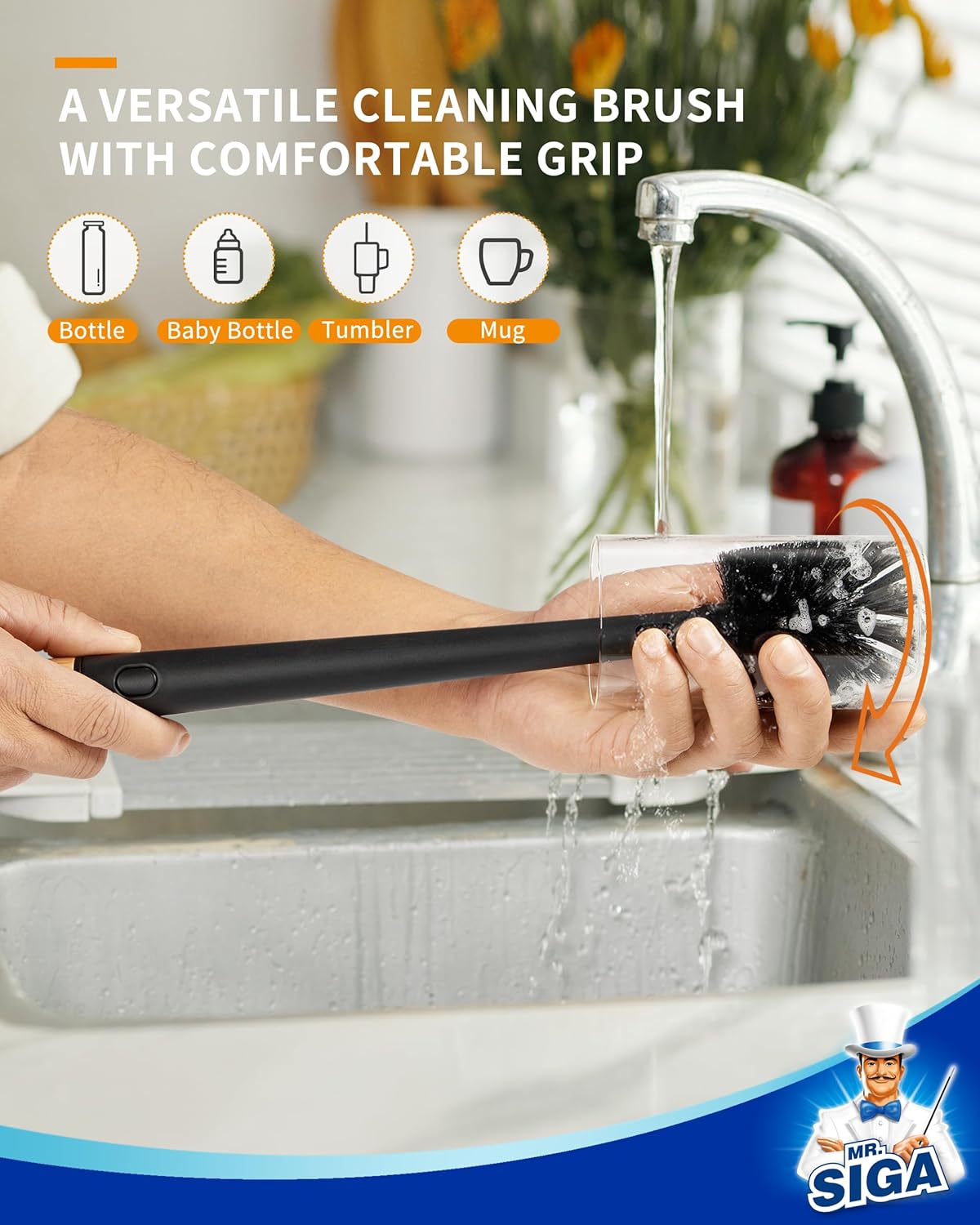 MR.SIGA Water Bottle Brush and Straw Cleaner Brush, Long Handle Bottle Cleaner Brush, 2 in 1 Bottle