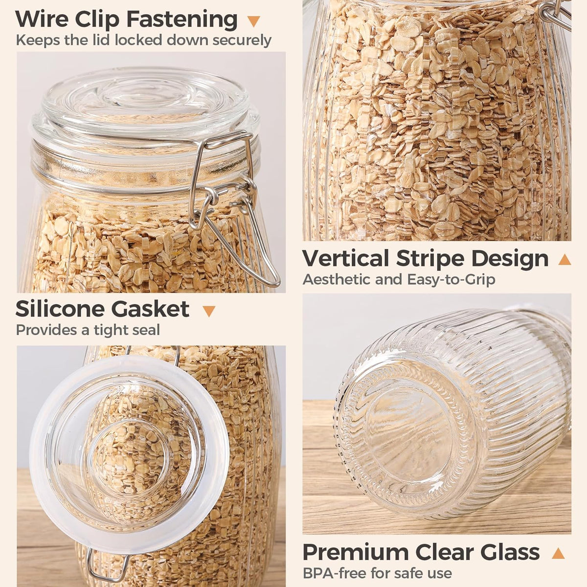 ComSaf Airtight Glass jar with lid 51oz Set of 3, Glass Storage Containers with Lids, Large Glass