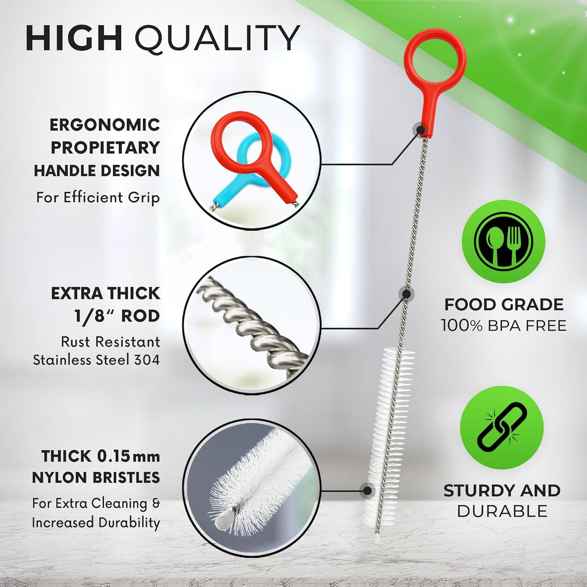 Heavy Duty Cleaning Brushes Set of 8 - Extra Long Straw Cleaners for Metal and Plastic Reusable