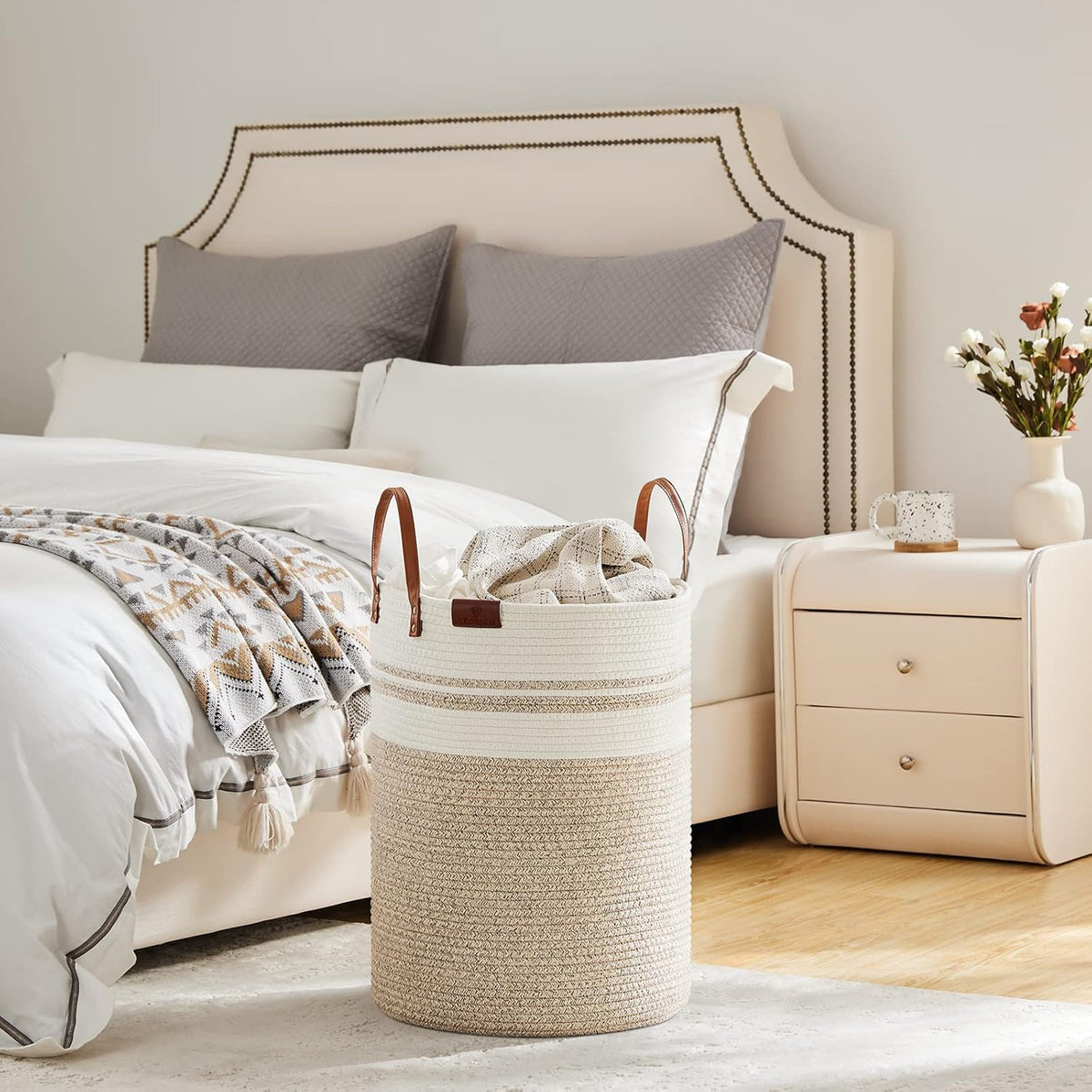 VIPOSCO Tall Laundry Basket, Large Dirty Clothes Hamper with Leather Handle, Woven Rope Storage