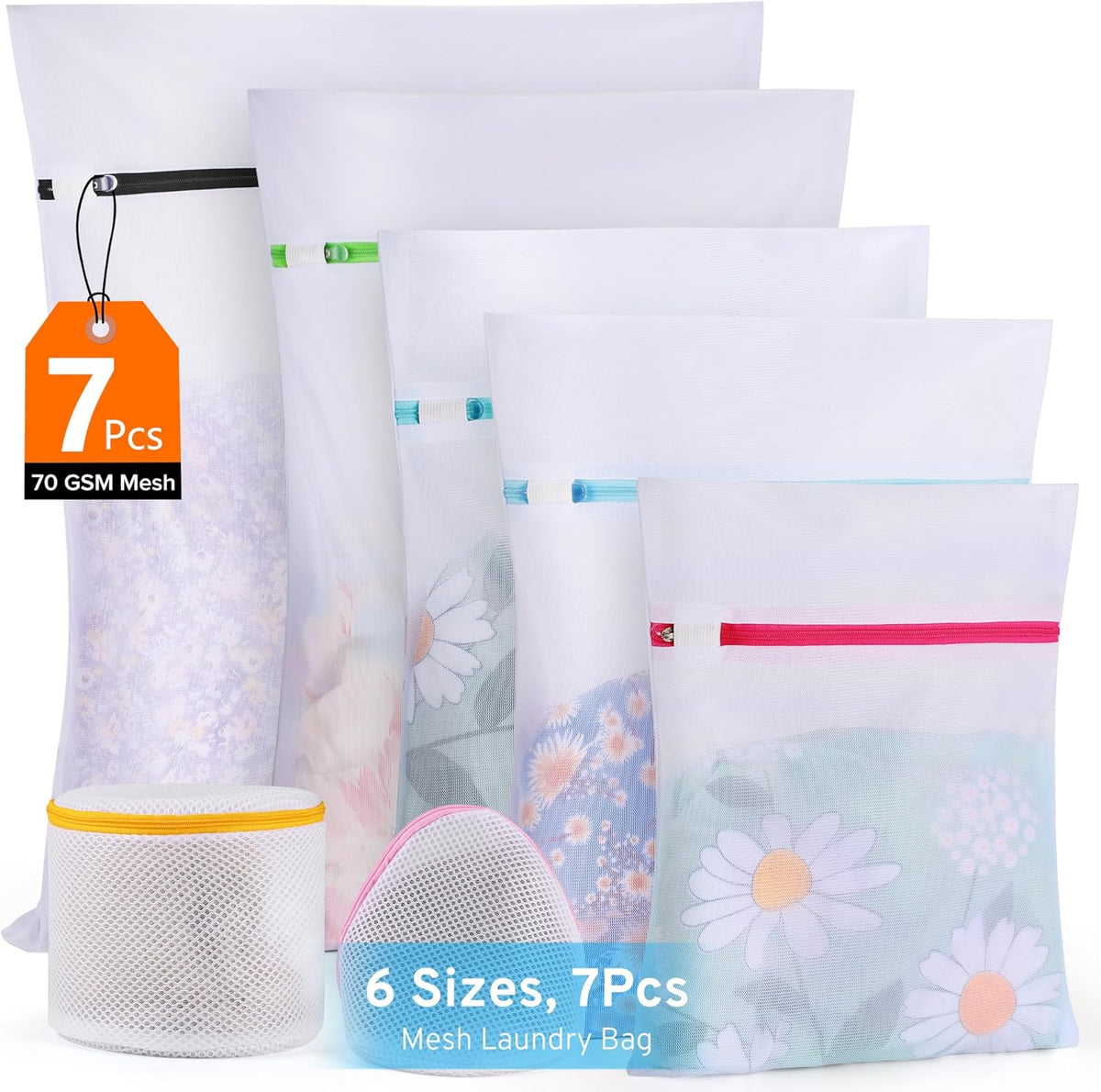 Ultimate 7 Pack 6 Size Mesh Laundry Bags Set for Delicates with AUTO-Lock Zipper, Lingerie Bags for