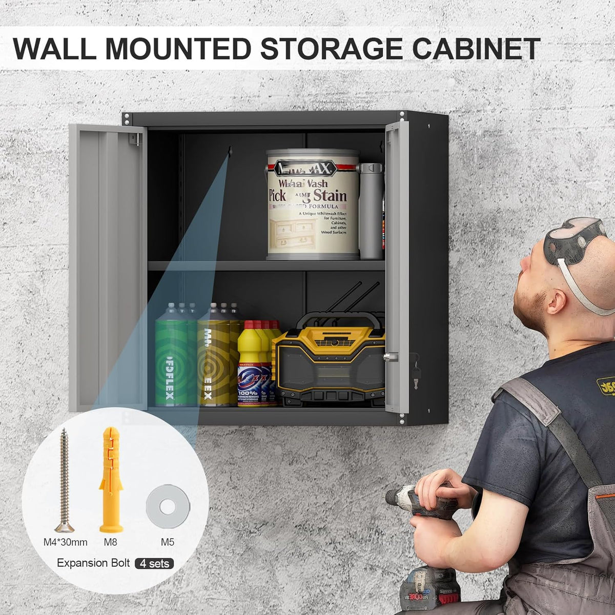 Metal Wall Cabinet, Garage Cabinets Wall Mounted, Locking Storage with Adjustable Shelves, Wall