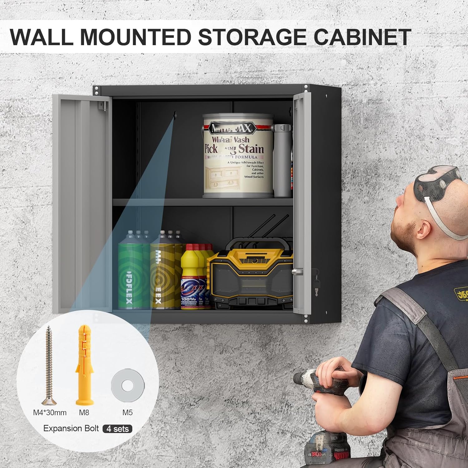 Metal Wall Cabinet, Garage Cabinets Wall Mounted, Locking Storage with Adjustable Shelves, Wall