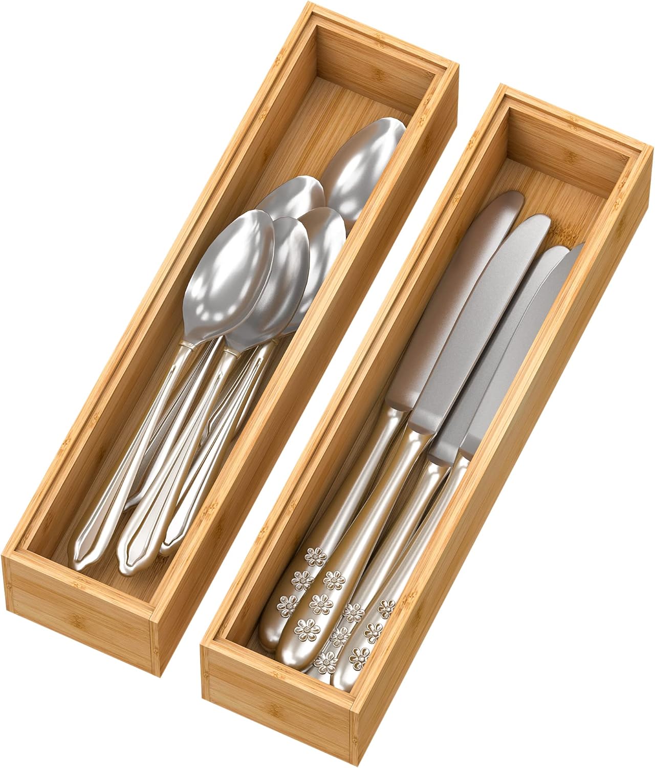 Bamboo Kitchen Drawer Organizer, Stackable Silverware Tray Utensil Organizer Cutlery Holder for