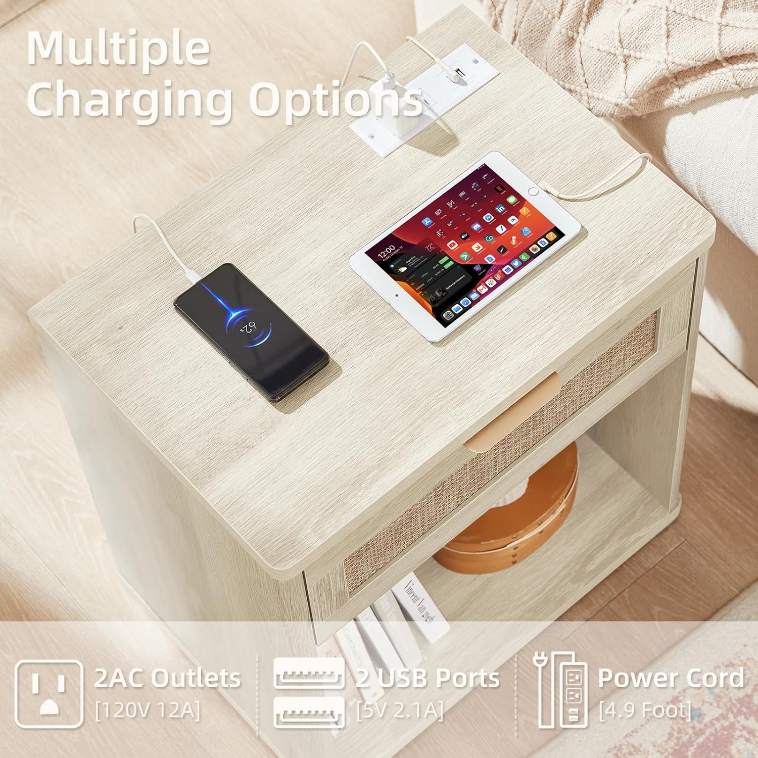 LEYAOYAO Rattan Nightstand with Charging Station, 23" Wide Boho Night Stand with Drawer, Grey White