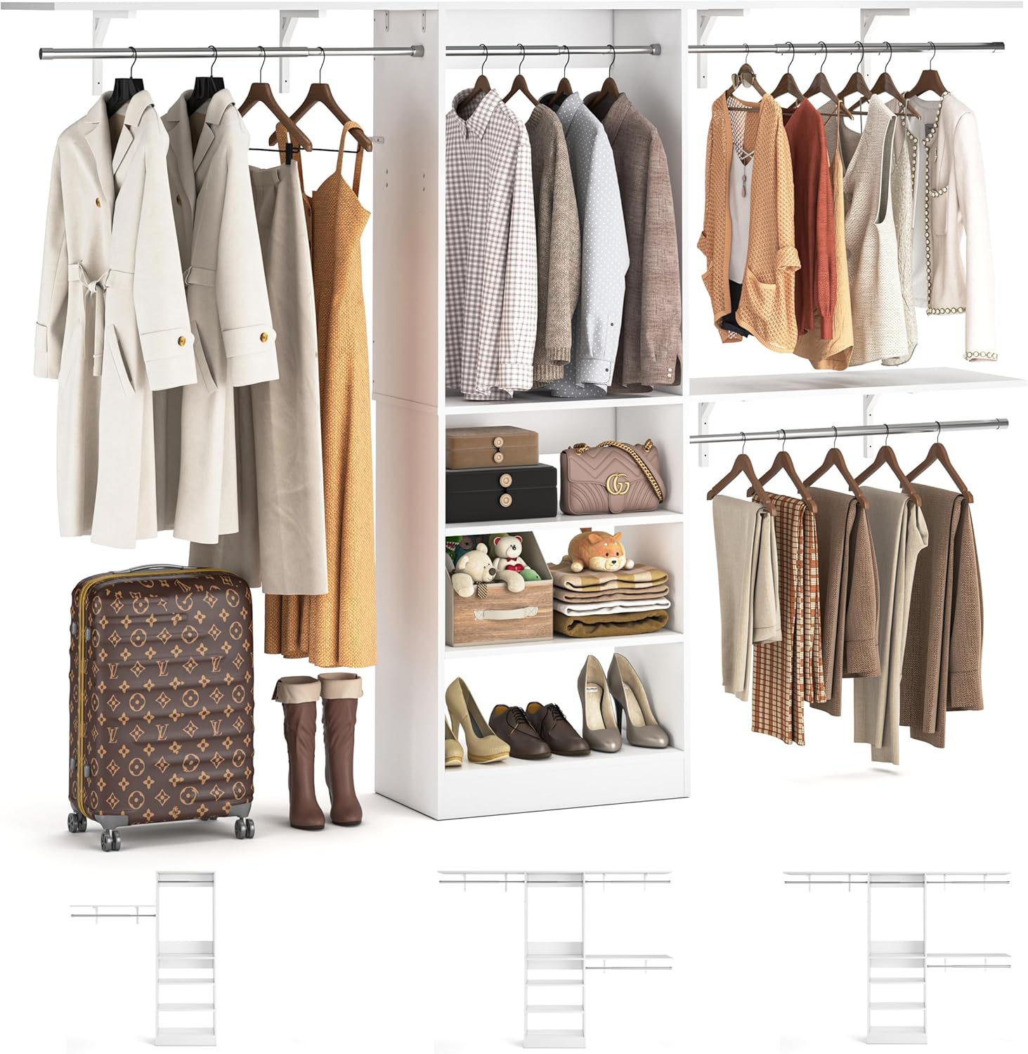 8FT Closet System with Shelves, 96'' Closet Organizer System with 3 Hanging Rods, Wall Mount