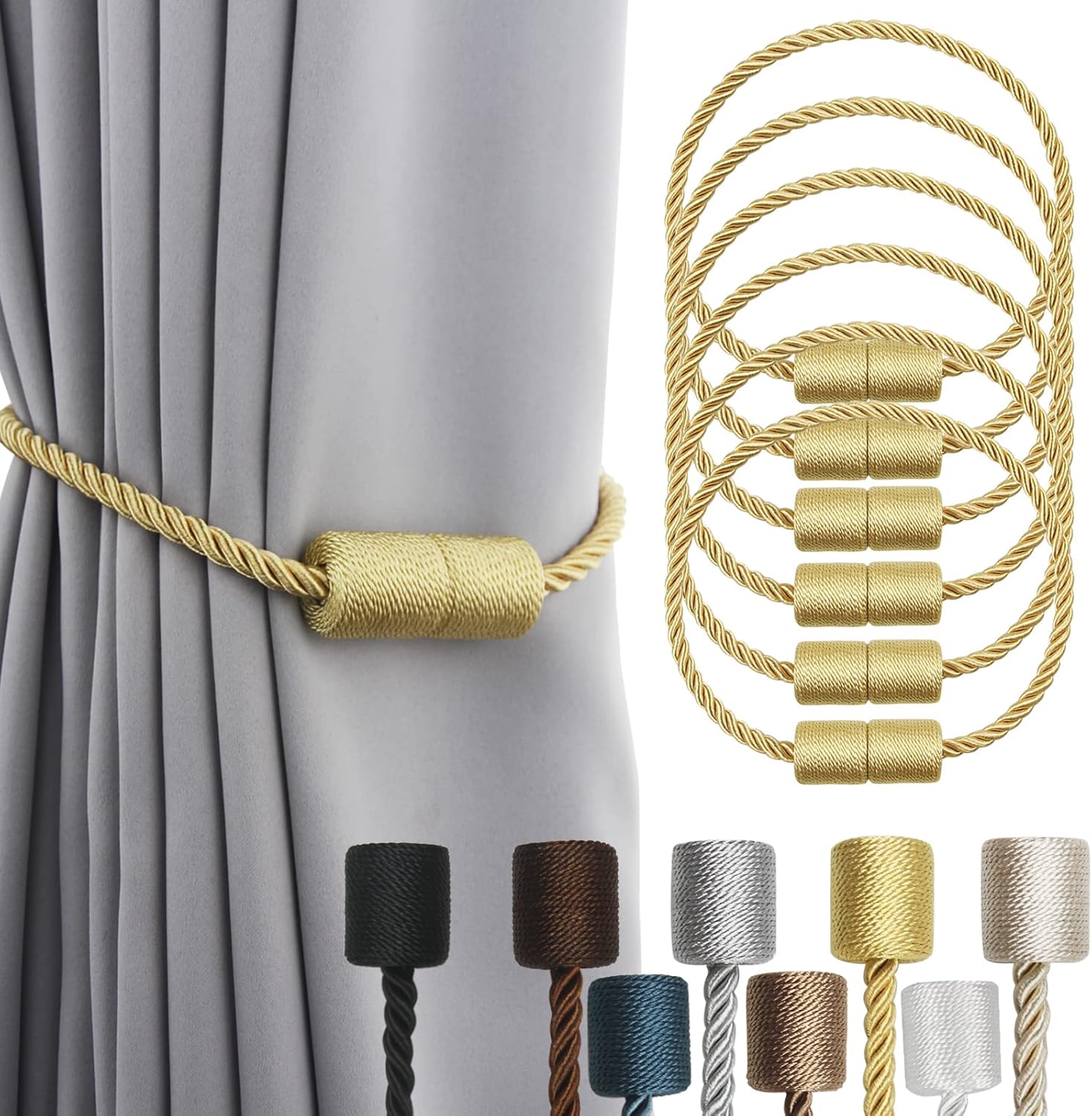 6 Pack Gold Strong Magnetic Curtain Tiebacks Outdoor Elegant Decorative Tie Backs Modern Rope
