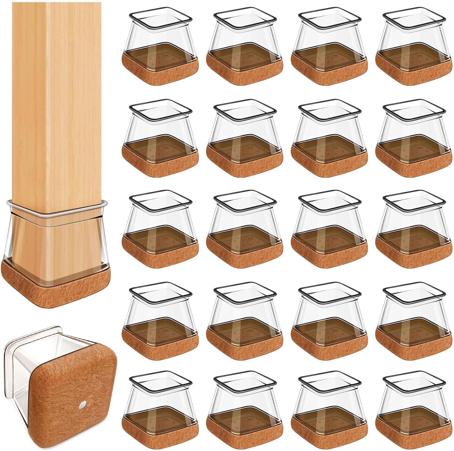 20 Pcs Chair Leg Floor Protectors for Hardwood Floors, Clear Rubber Furniture Sliders with Felt