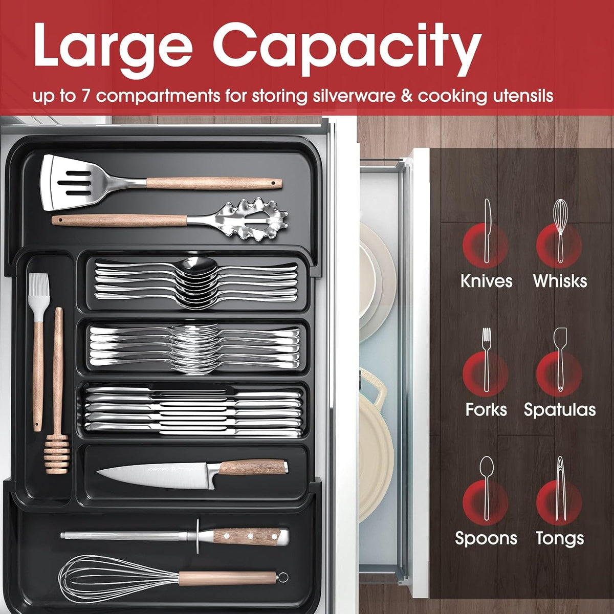 Aujen Silverware Organizer - Expandable Kitchen Drawer Organizer, Adjustable Utensil Organizer